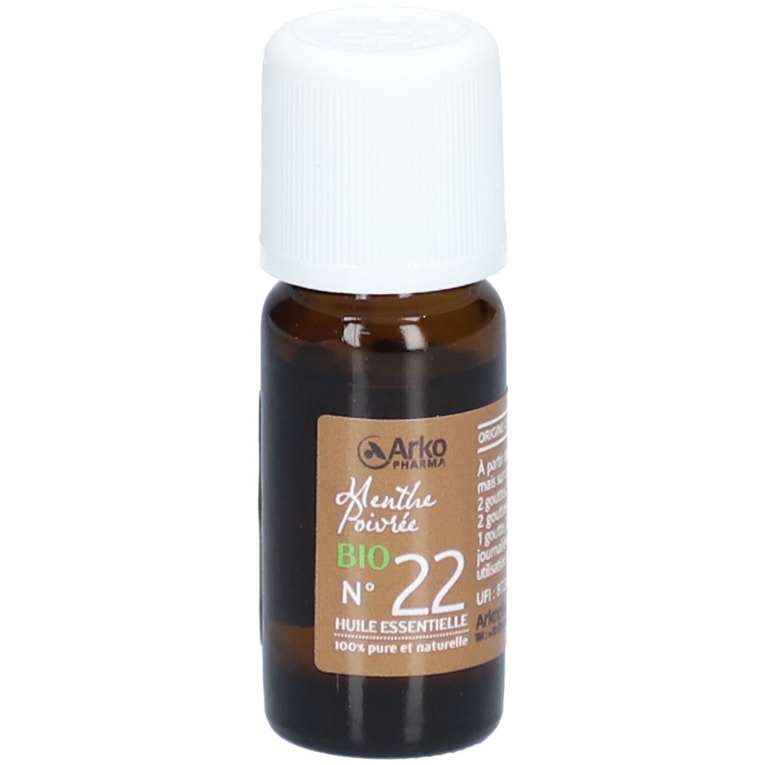 Braune Glasflasche mit weißem Deckel. Etikett mit Produktinformationen. Arkopharma Huile Essentielle N°22 Menthe Poivrée Bio.
