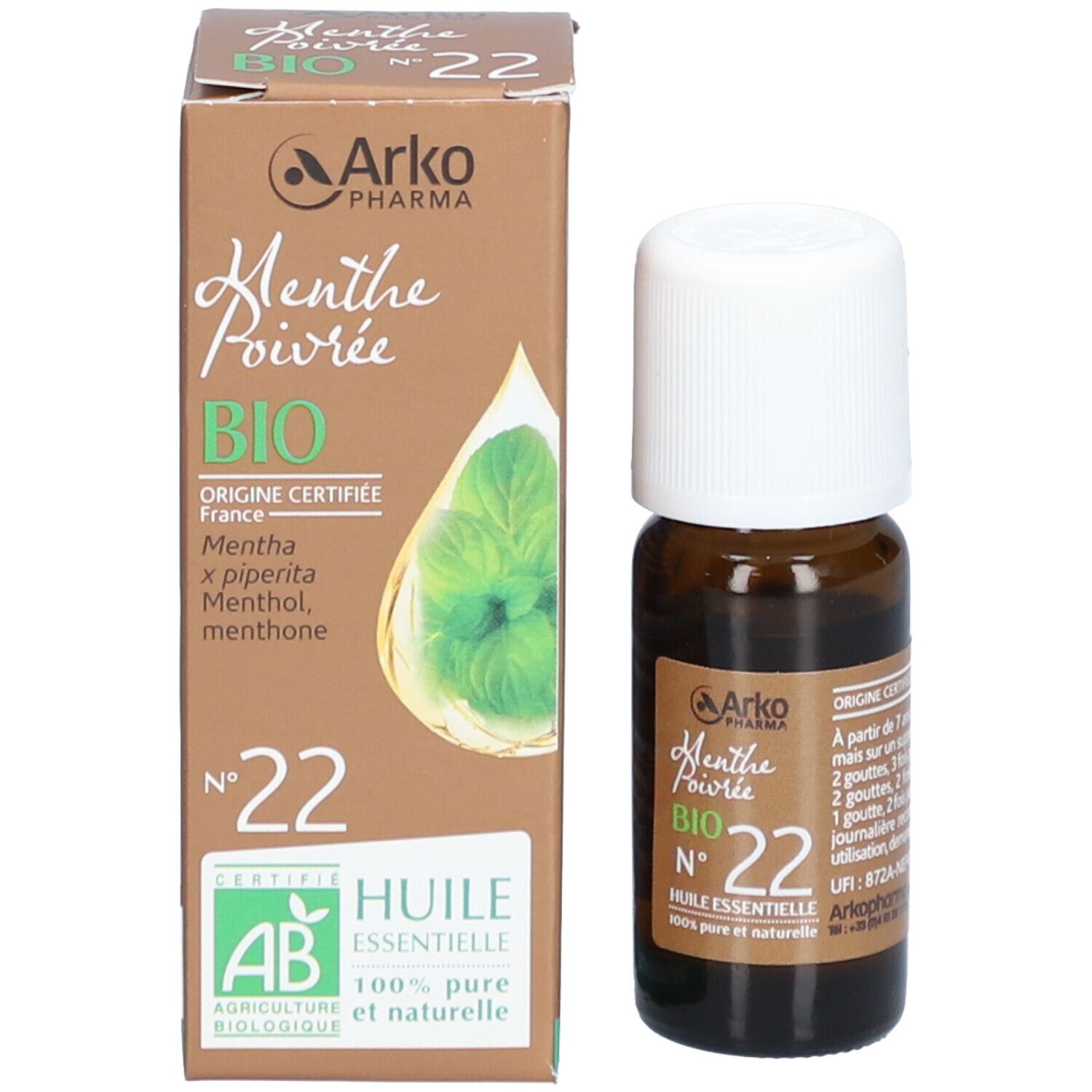 Produkt und Verpackung. Braune Glasflasche mit Karton. Arkopharma Huile Essentielle N°22 Menthe Poivrée Bio. AB-Siegel.