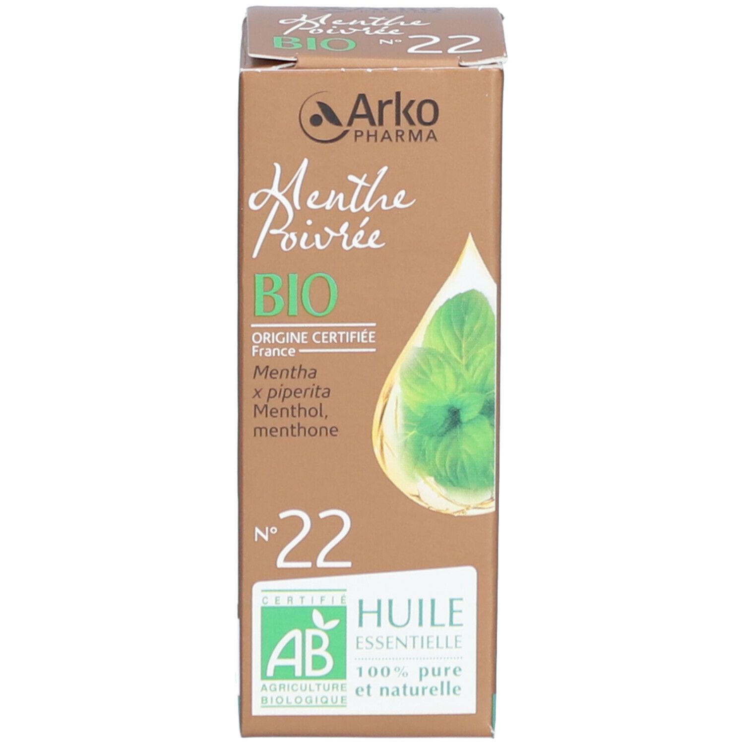 Produkt und Verpackung. Karton mit Produktinformationen. Arkopharma Huile Essentielle N°22 Menthe Poivrée Bio. AB-Siegel.