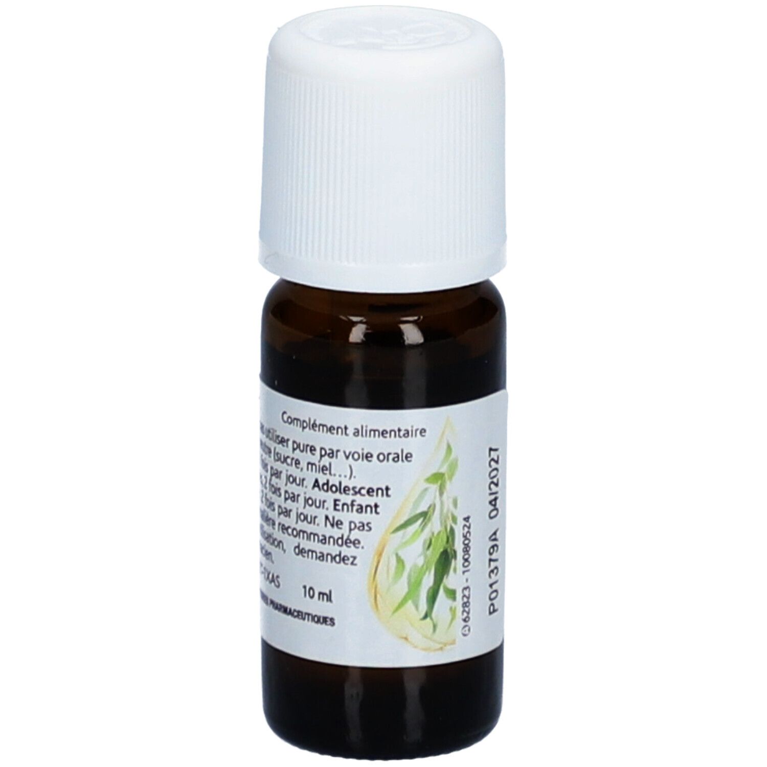 Braune Glasflasche mit weißem Deckel. Etikett mit Text: Arko Pharma, Eucalyptus Citronné Bio, Huile Essentielle. 10 ml.