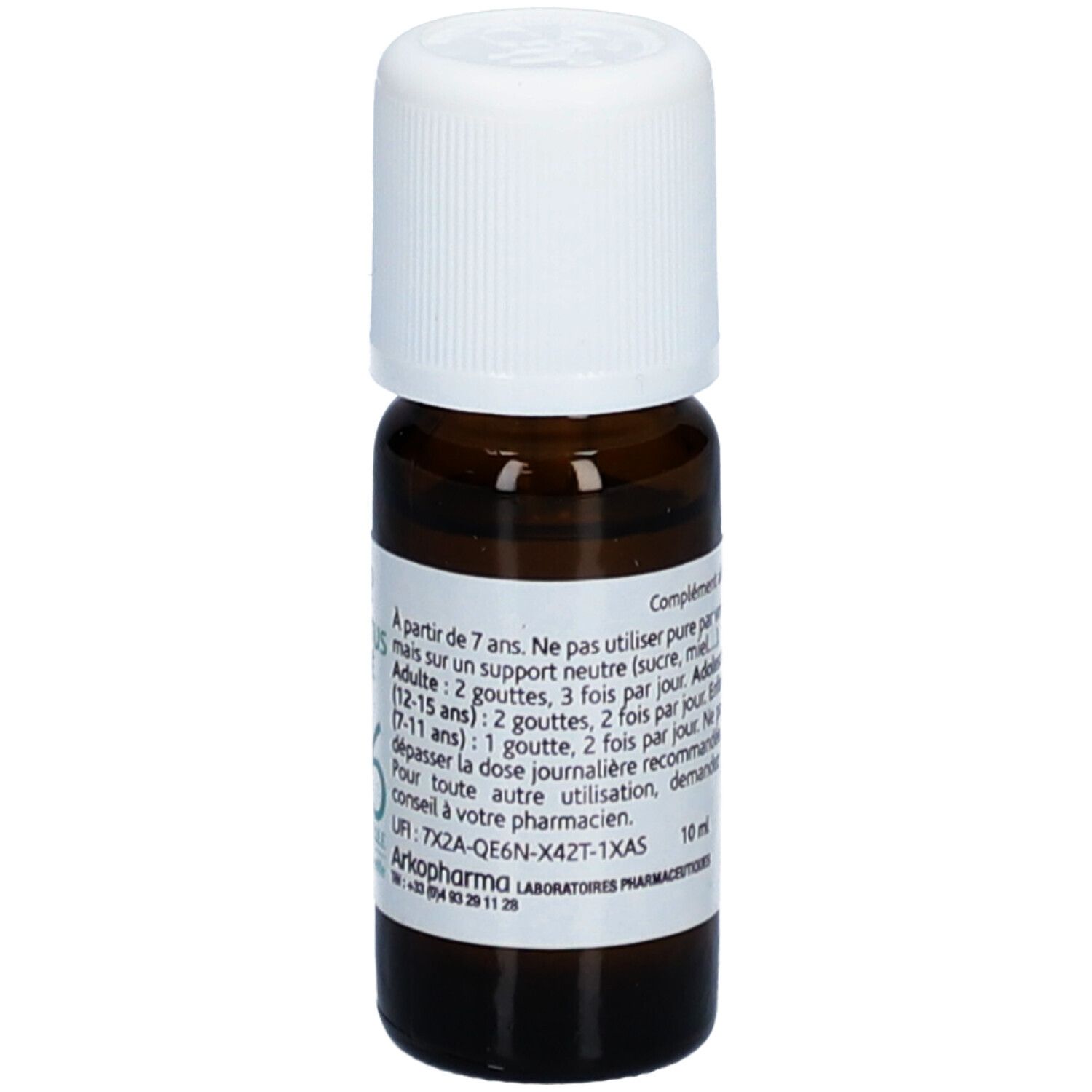 Braune Glasflasche mit weißem Deckel. Etikett mit Text: Arko Pharma, Eucalyptus Citronné Bio, Huile Essentielle. 10 ml.
