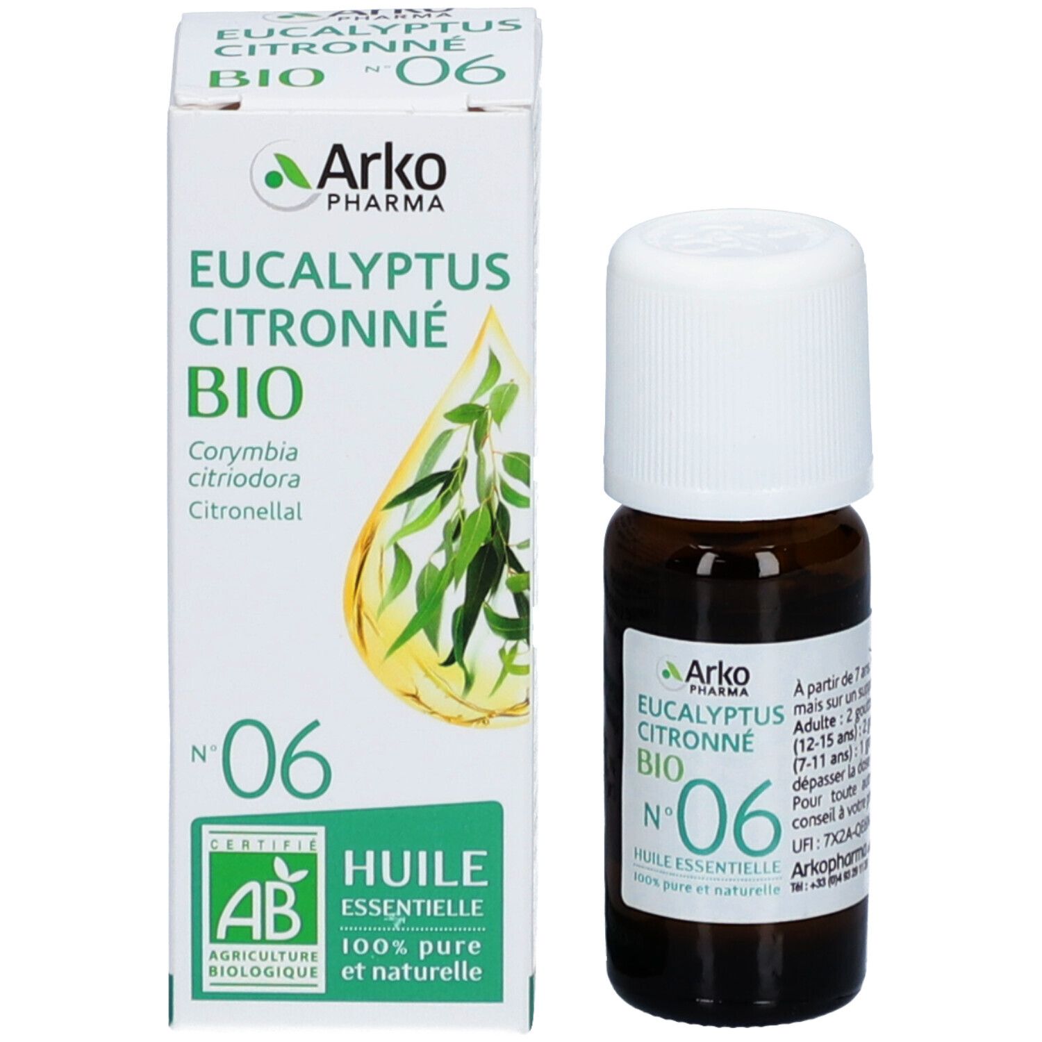 Produktverpackung und Flasche. Verpackung mit Text: Arko Pharma, Eucalyptus Citronné Bio, Nr. 06. Flasche mit weißem Deckel.