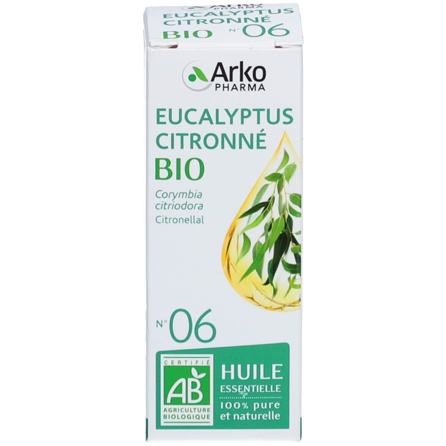 Produktverpackung. Verpackung mit Text: Arko Pharma, Eucalyptus Citronné Bio, Nr. 06. Zertifizierung AB.