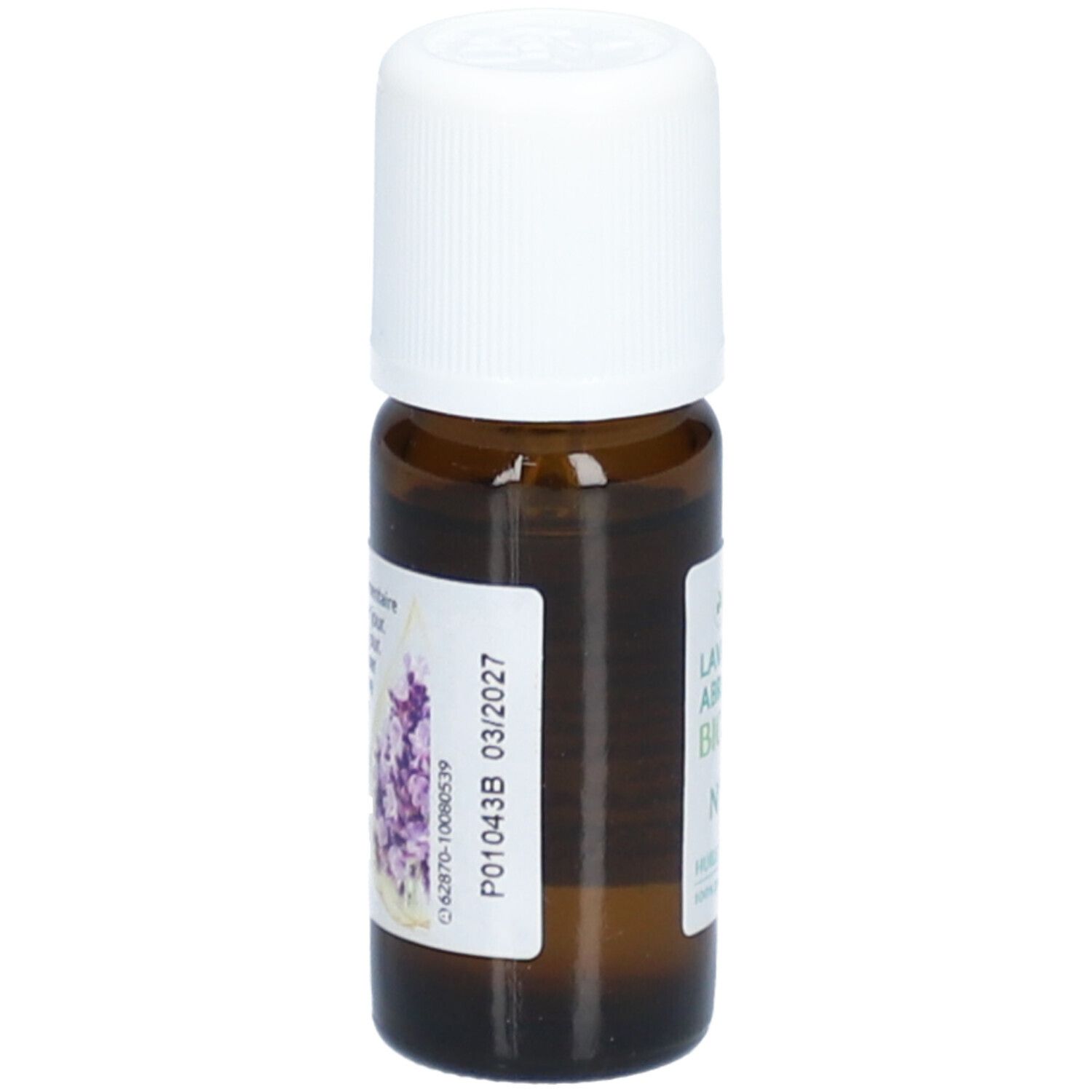 Braune Glasflasche mit weißem Verschluss. Etikett mit Text und Datum 03/2027. Abbildung von Lavendelblüten.