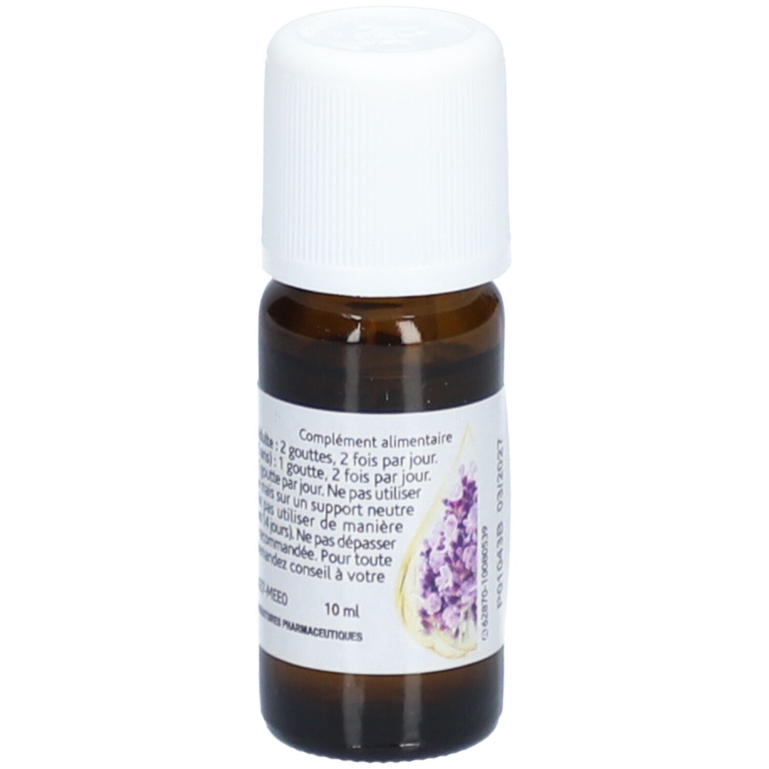 Braune Glasflasche mit weißem Verschluss. Etikett mit Text: Nahrungsergänzungsmittel. Abbildung von Lavendelblüten.