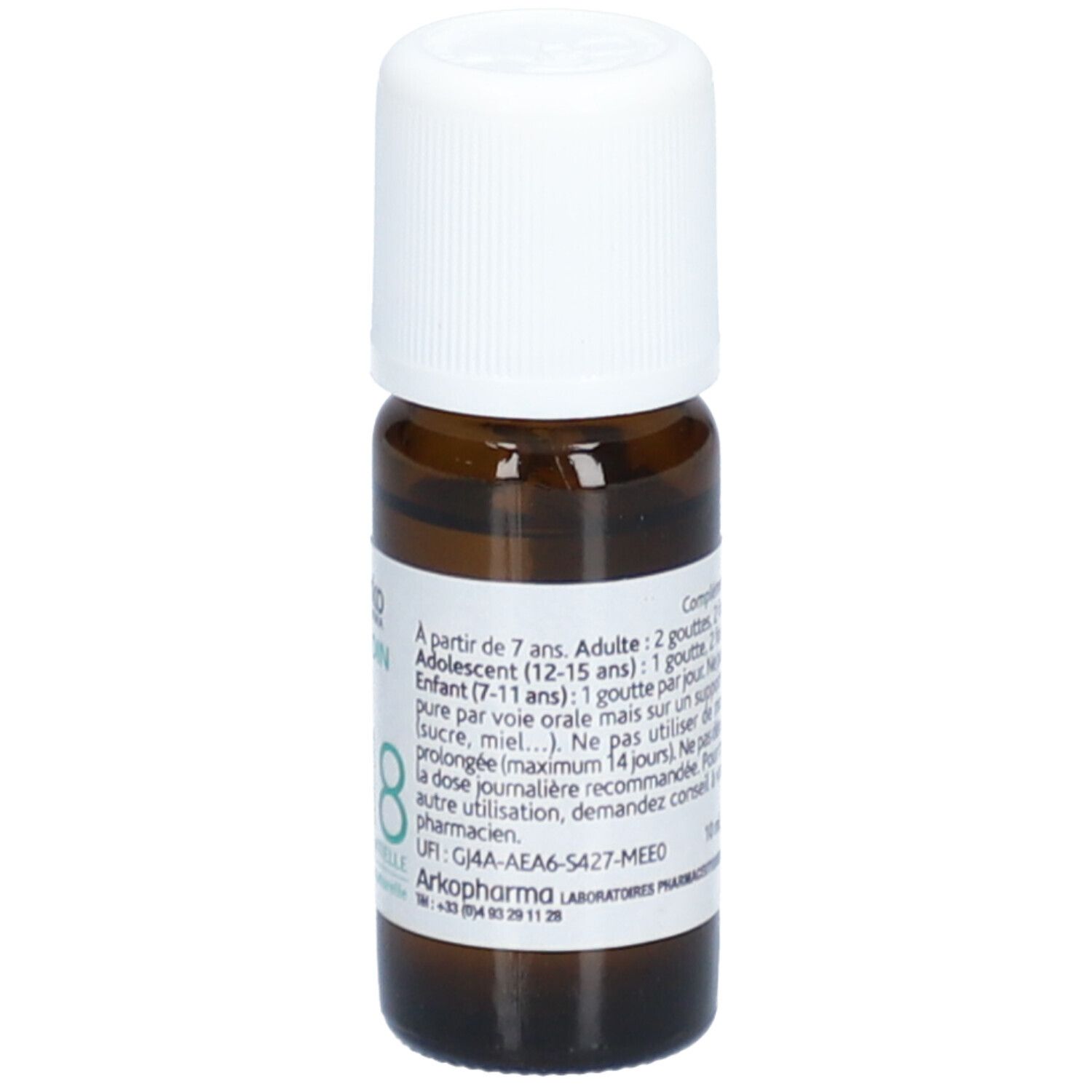 Braune Glasflasche mit weißem Verschluss. Etikett mit Text: Ab 7 Jahren. Dosierungsempfehlung. Marke: Arko Pharma.