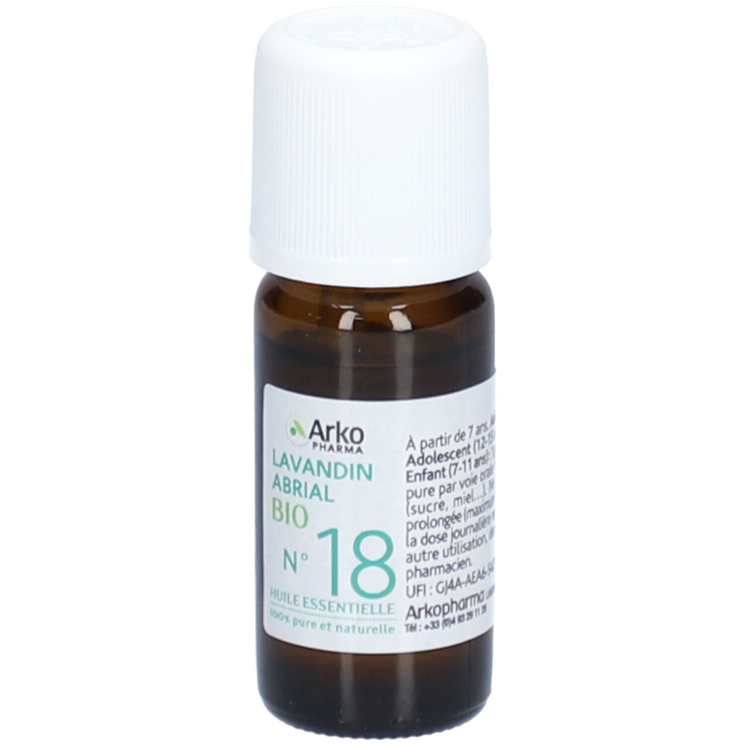 Braune Glasflasche mit weißem Verschluss. Etikett mit Text: Lavandin Abrial Bio, Nr. 18. Marke: Arko Pharma. 100% rein und natürlich.