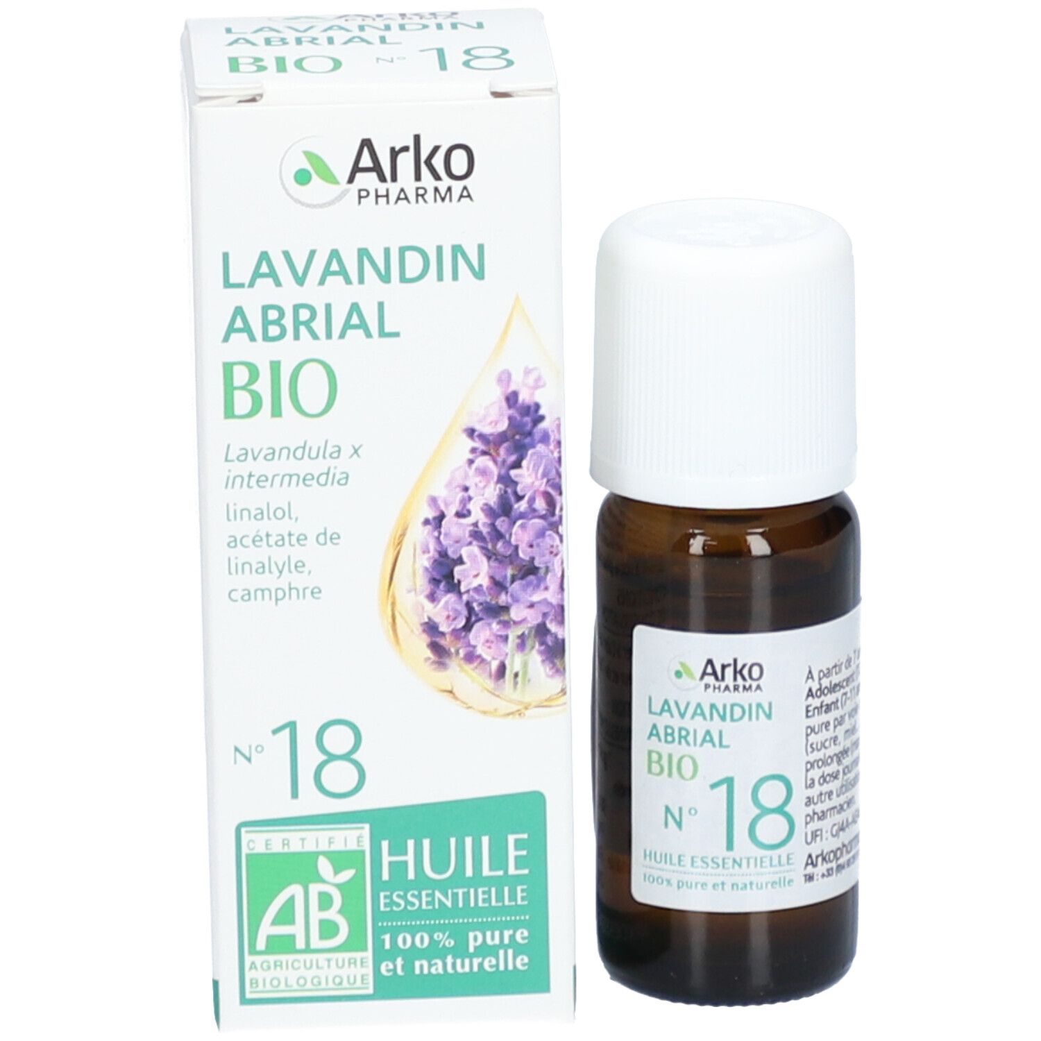 Produktverpackung mit Flasche und Karton. Karton mit Text: Lavandin Abrial Bio, Nr. 18. Marke: Arko Pharma. Zertifizierung.