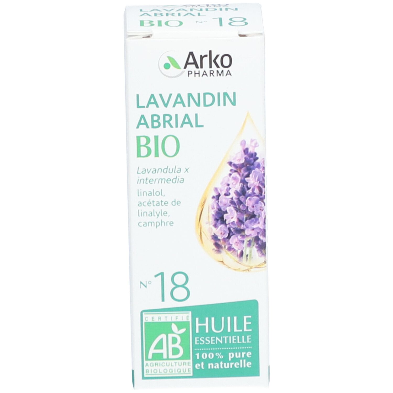 Produktverpackung. Karton mit Text: Lavandin Abrial Bio, Nr. 18. Marke: Arko Pharma. Zertifizierung. Abbildung von Lavendel.