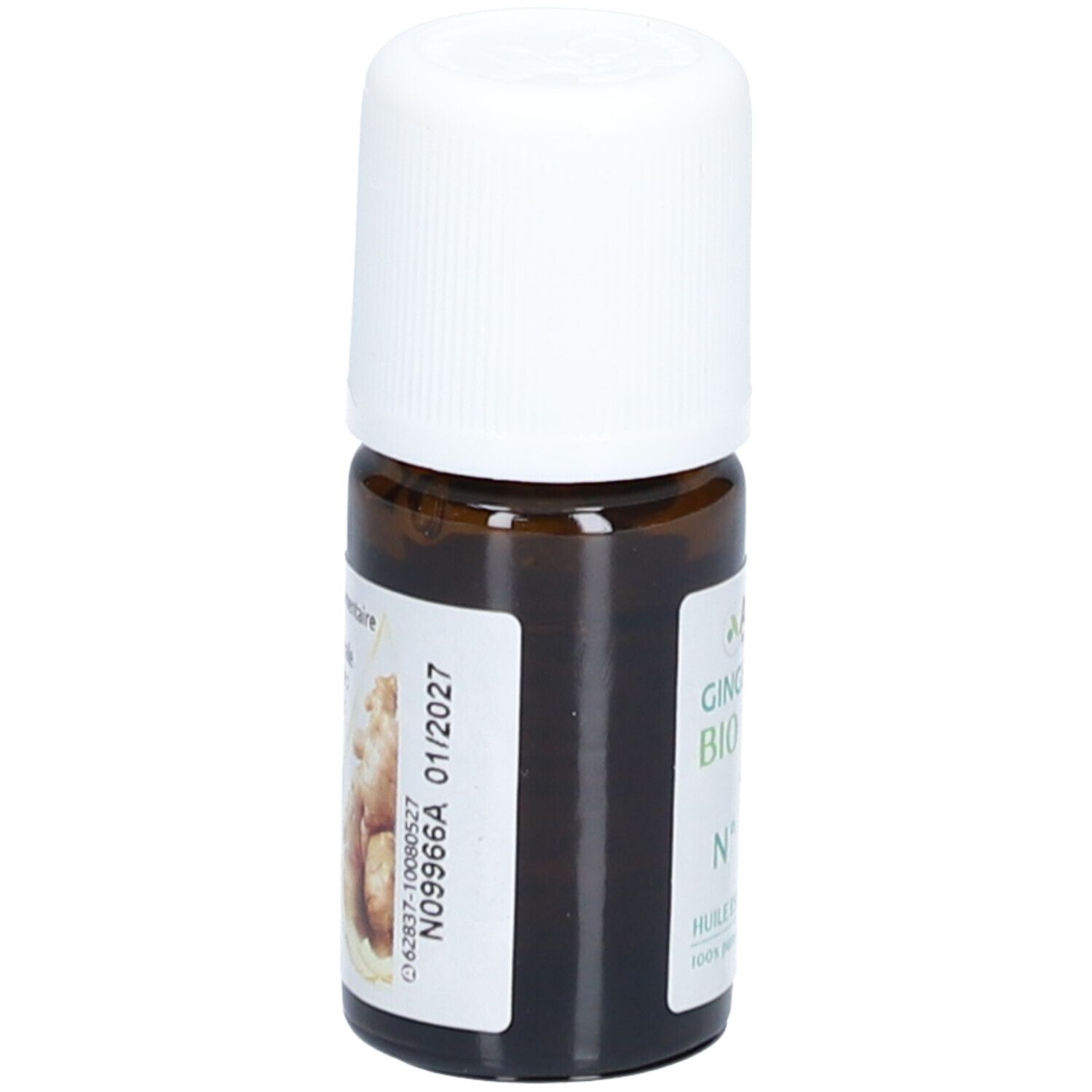 Braune Glasflasche mit weißem Deckel. Etikett mit Text: Gingembre Bio N°12 Huile Essentielle. Marke: Arko Pharma. Mit Haltbarkeitsdatum.