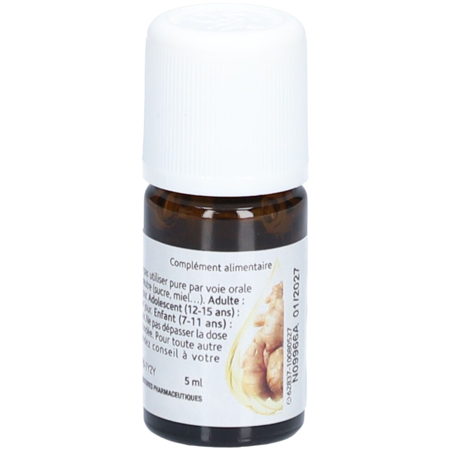 Braune Glasflasche mit weißem Deckel. Etikett mit Text: Gingembre Bio N°12 Huile Essentielle. Marke: Arko Pharma. Mit Text über Dosierung.