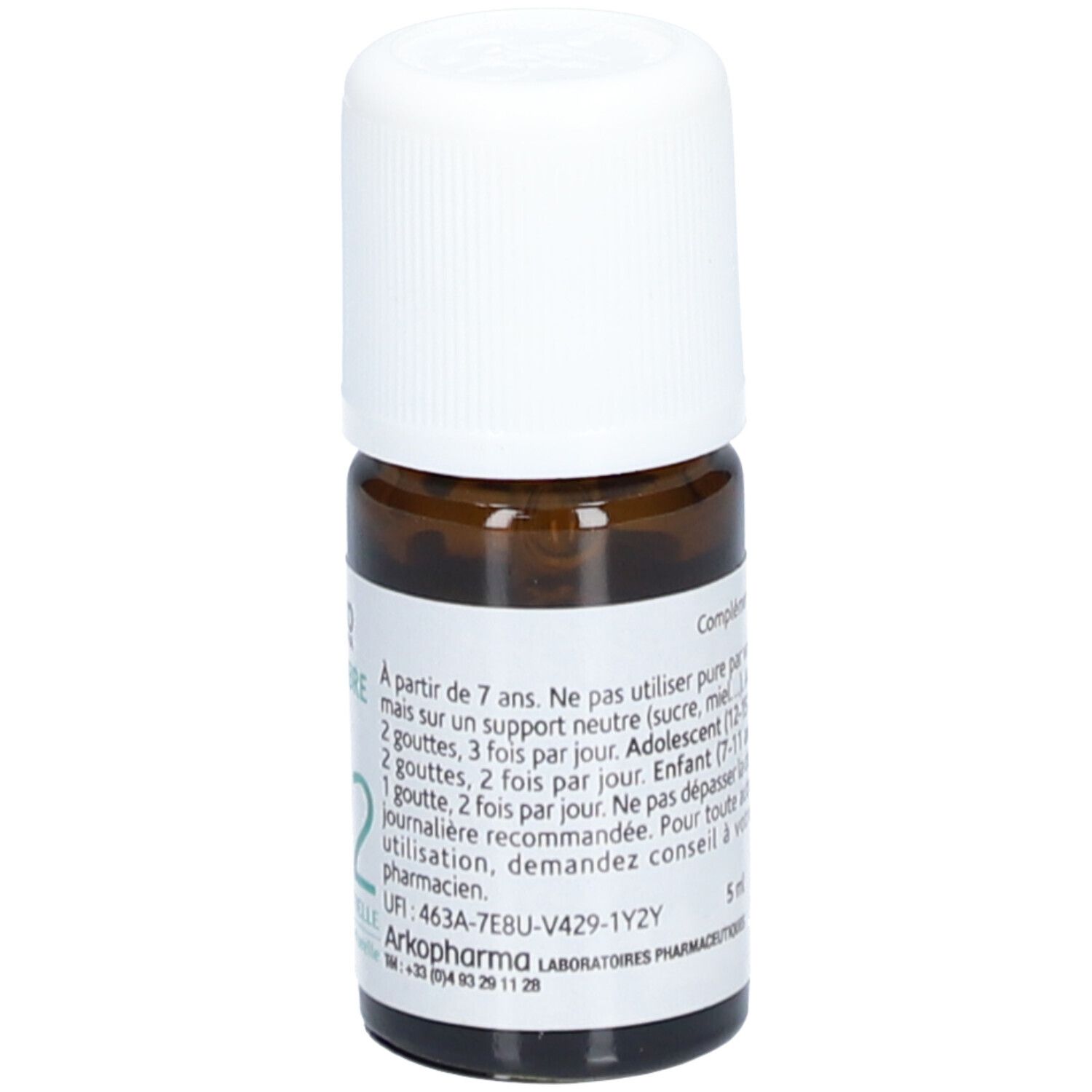 Braune Glasflasche mit weißem Deckel. Etikett mit Text: Gingembre Bio N°12 Huile Essentielle. Marke: Arko Pharma. Mit Text über Dosierung.