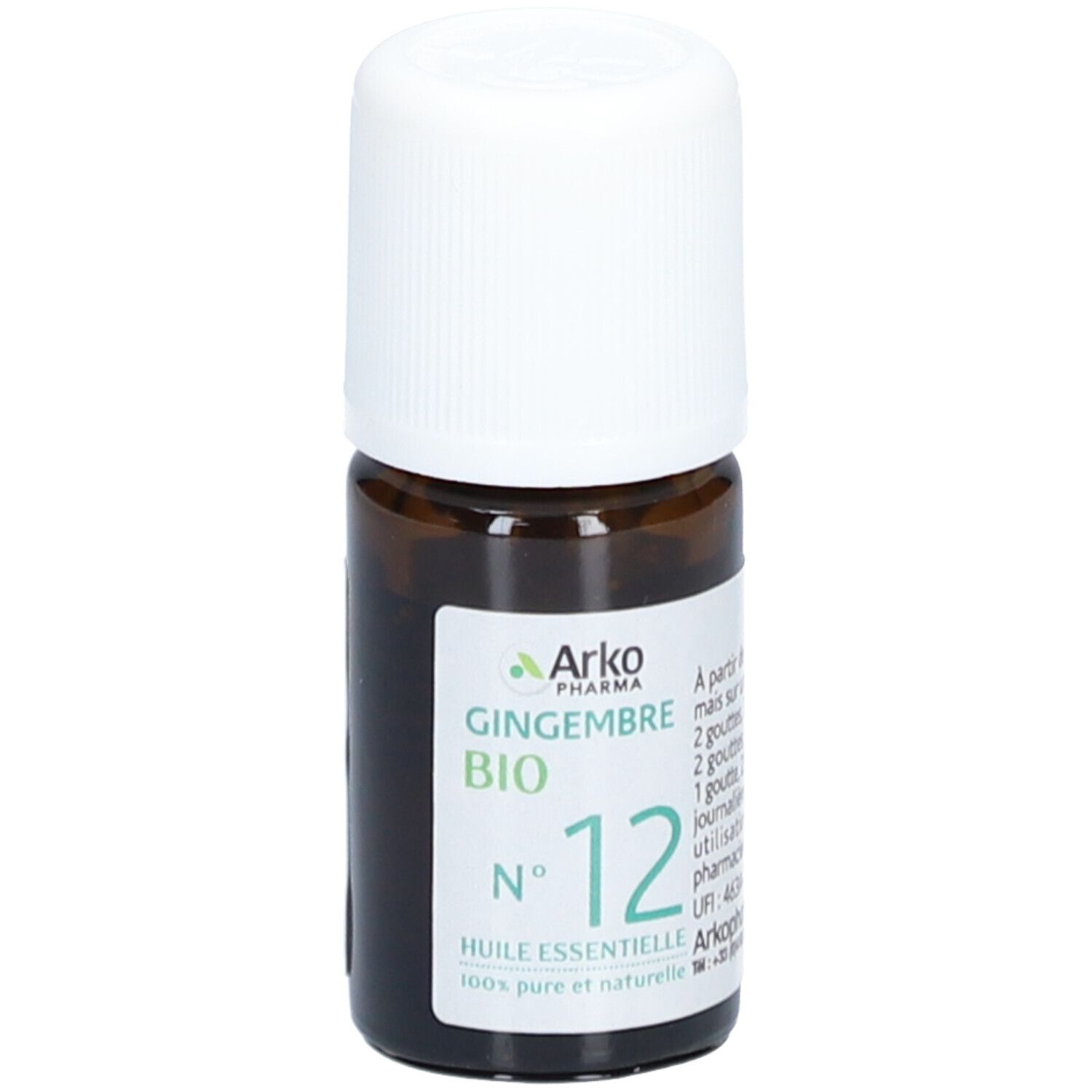 Braune Glasflasche mit weißem Deckel. Etikett mit Text: Gingembre Bio N°12 Huile Essentielle. Marke: Arko Pharma.