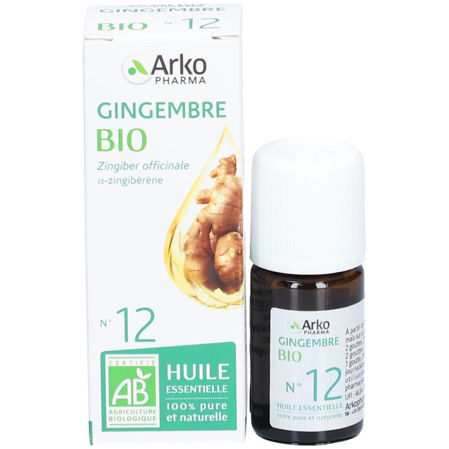 Produktflasche und Verpackung. Verpackung mit Text: Gingembre Bio N°12 Huile Essentielle. Marke: Arko Pharma. AB-Zertifizierung.