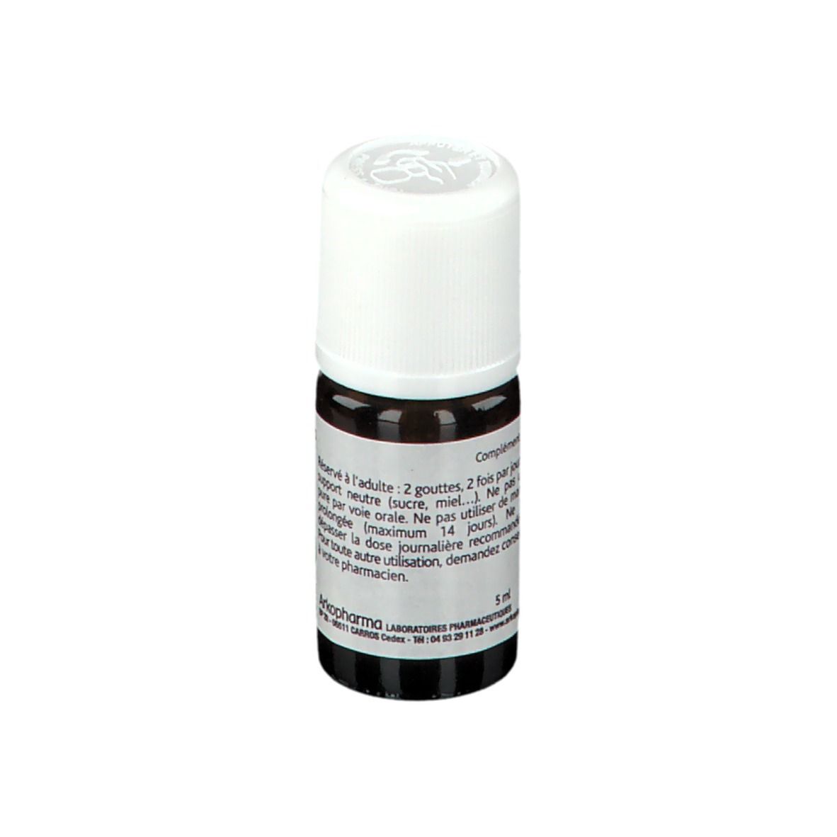 Braune Glasflasche mit weißem Deckel. Etikett mit Text. Marke Arkopharma. Enthält 5 ml.