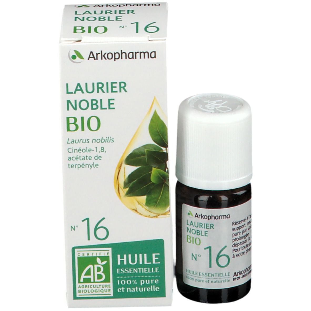 Produktverpackung und Flasche. Karton mit grüner Schrift: LAURIER NOBLE BIO N°16. Marke Arkopharma. AB-Siegel.
