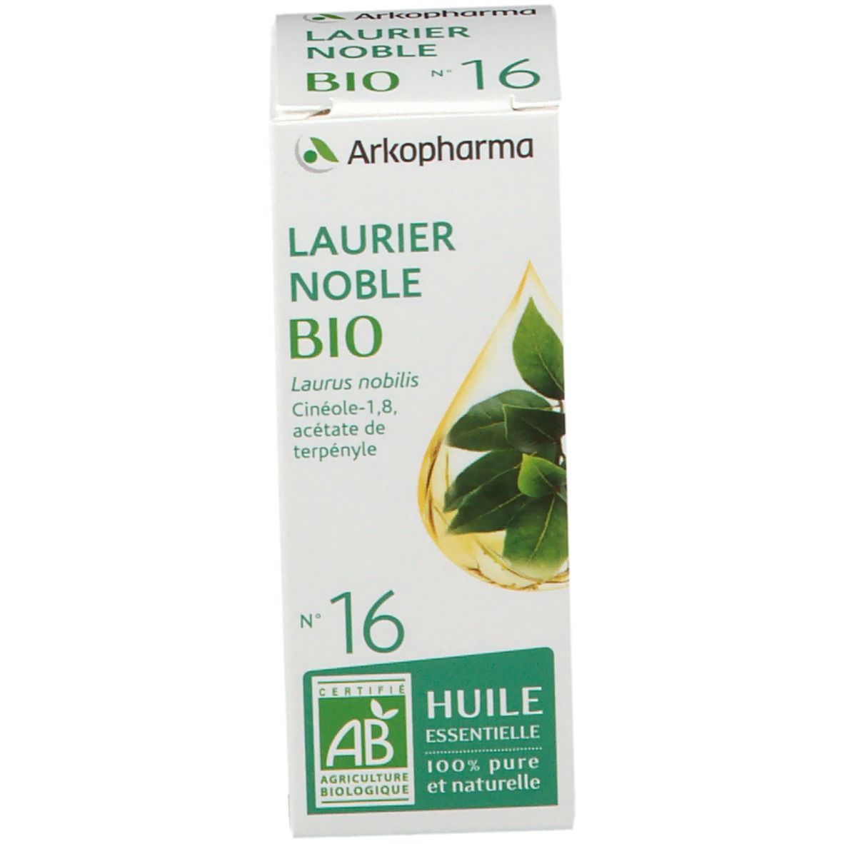 Produktverpackung. Karton mit grüner Schrift: LAURIER NOBLE BIO N°16. Marke Arkopharma. AB-Siegel.