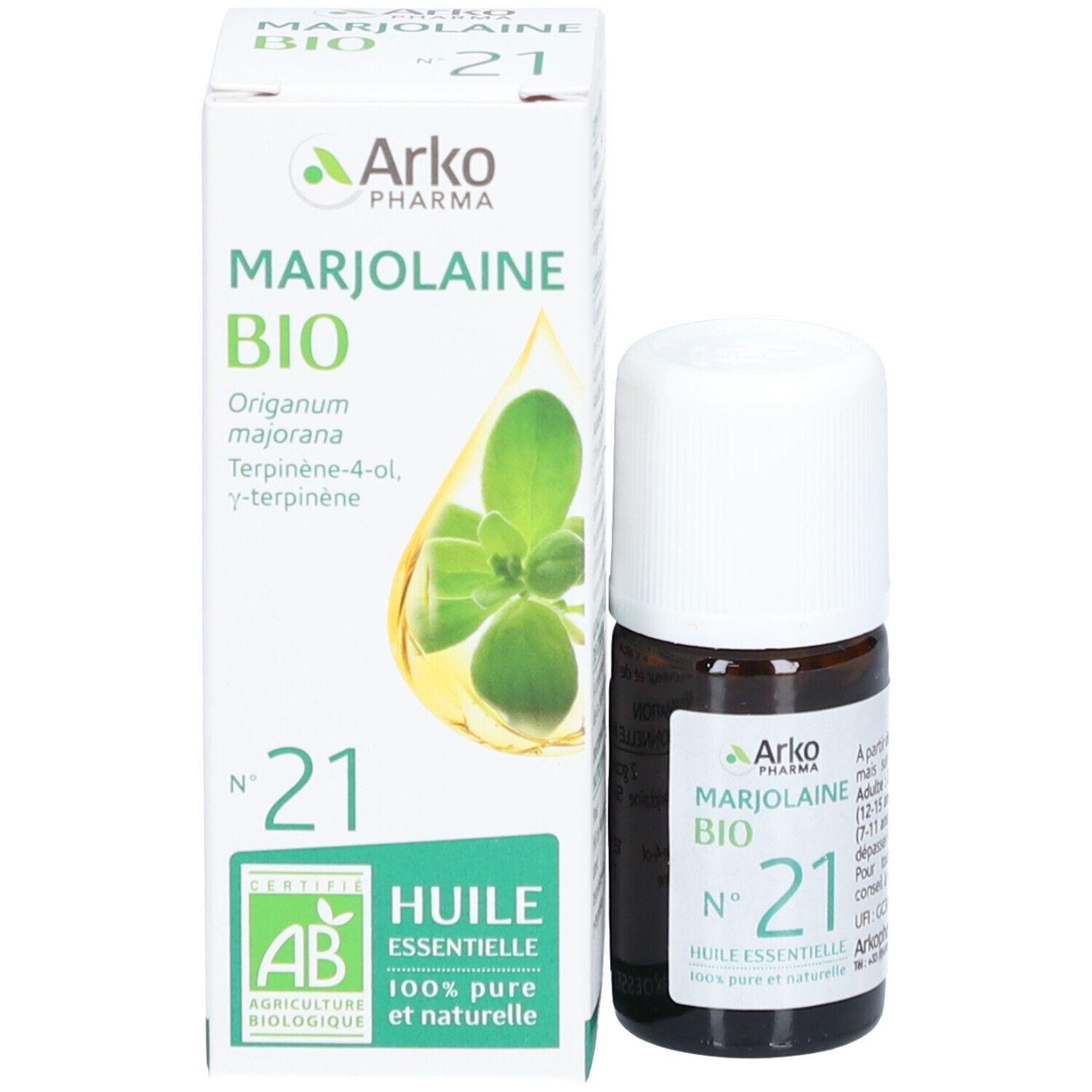 Produktflasche und Schachtel. Schachtel mit Text: Marjolaine Bio N°21, Arko Pharma. AB-Zertifizierung.
