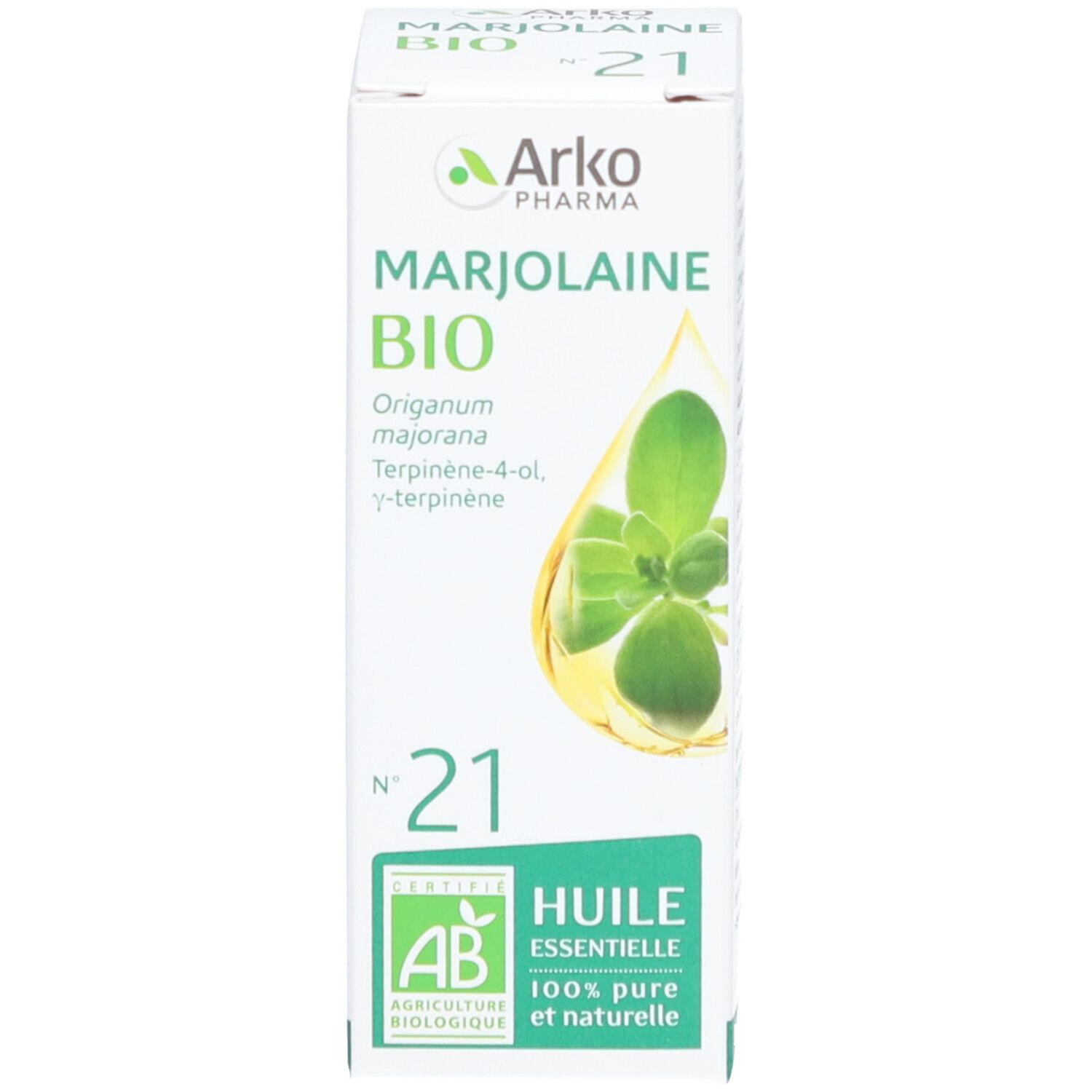 Produktflasche und Schachtel. Schachtel mit Text: Marjolaine Bio N°21, Arko Pharma. AB-Zertifizierung.