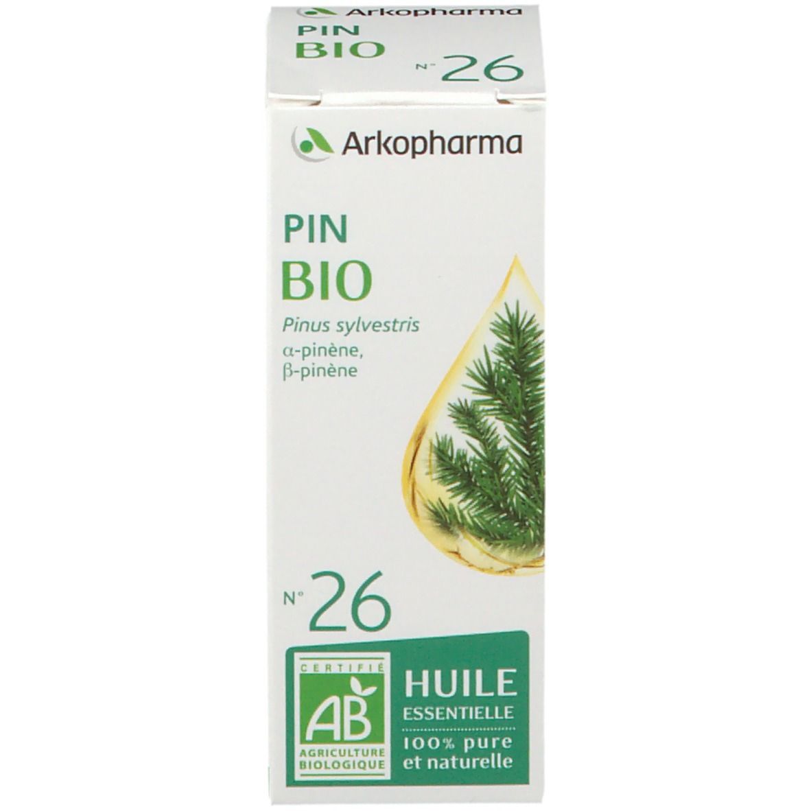 Produktverpackung mit Text: PIN BIO, N°26, AB-Zertifizierung. Marke: Arkopharma.