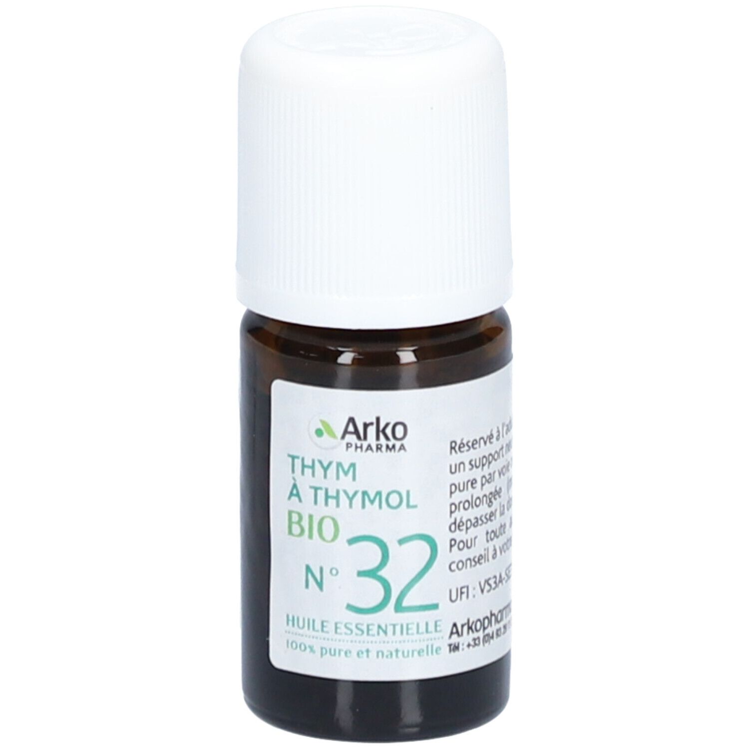 Flacon en verre brun avec bouchon blanc. Étiquette verte: Thym à Thymol Bio N°32. Marque: Arko Pharma.