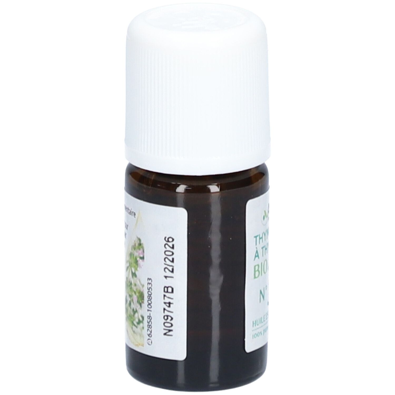 Flacon en verre brun avec bouchon blanc. Étiquette verte: Thym à Thymol Bio N°32. Marque: Arko Pharma. DLUO 12/2026.