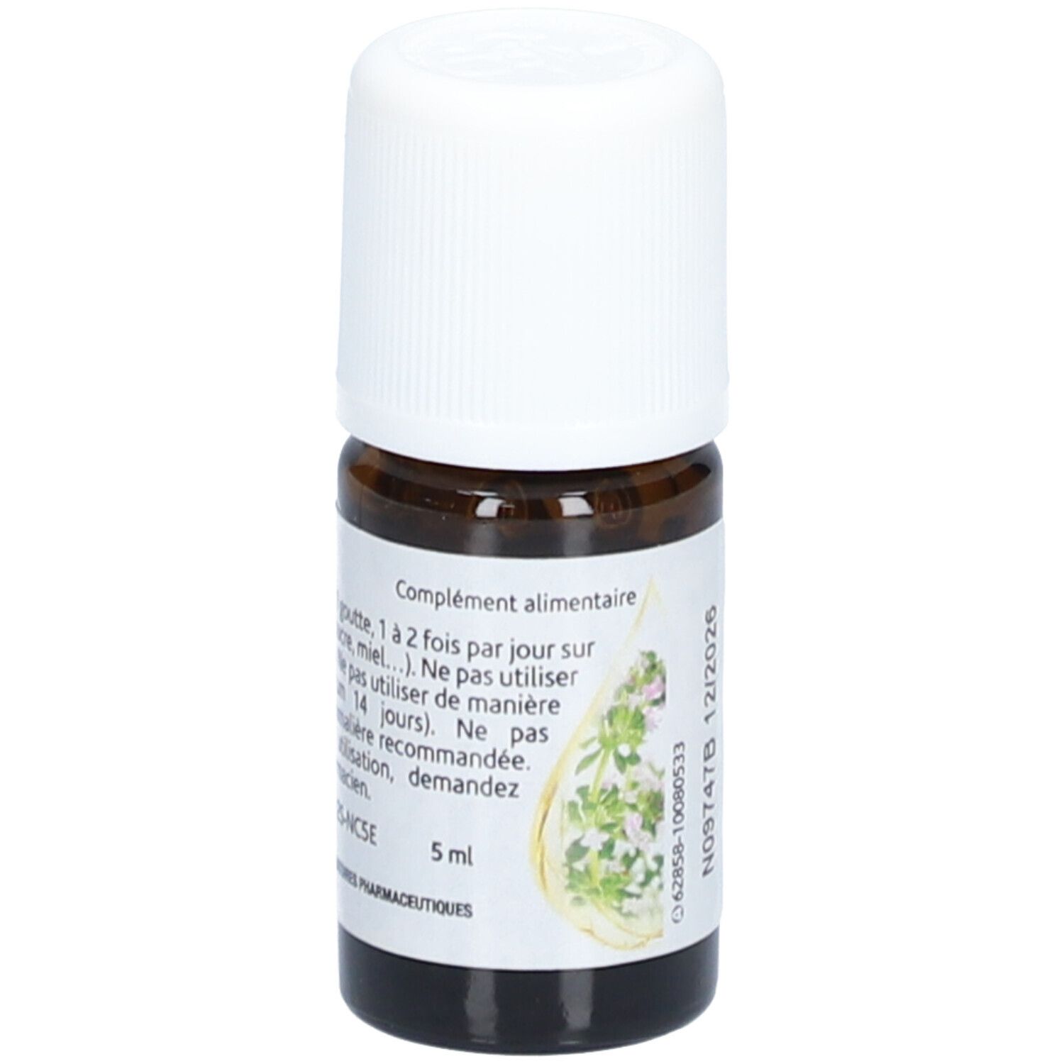 Flacon en verre brun avec bouchon blanc. Étiquette verte. Contient 5 ml. Marque: Arko Pharma. DLUO 12/2026.