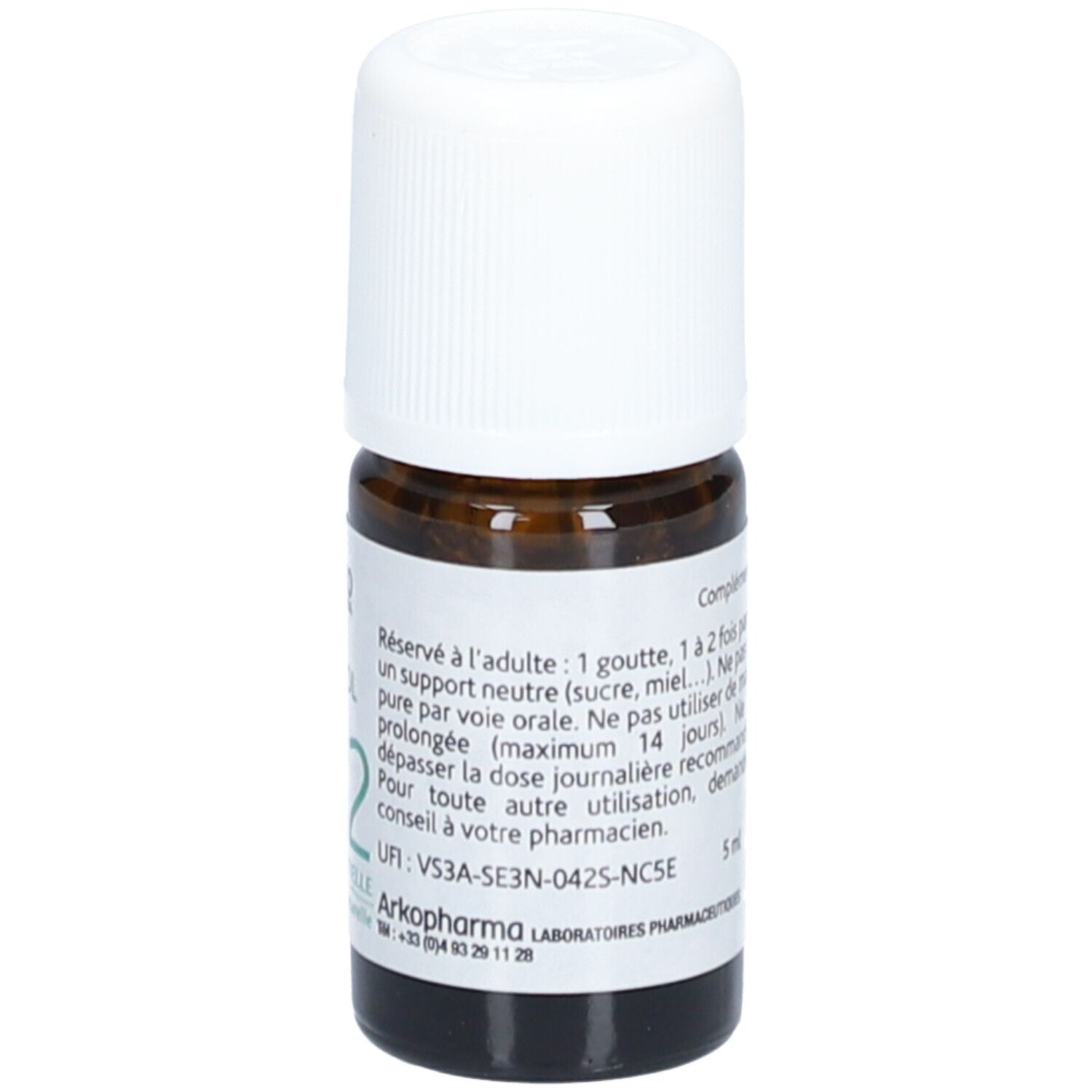 Flacon en verre brun avec bouchon blanc. Étiquette verte. Contient 5 ml. Marque: Arko Pharma.