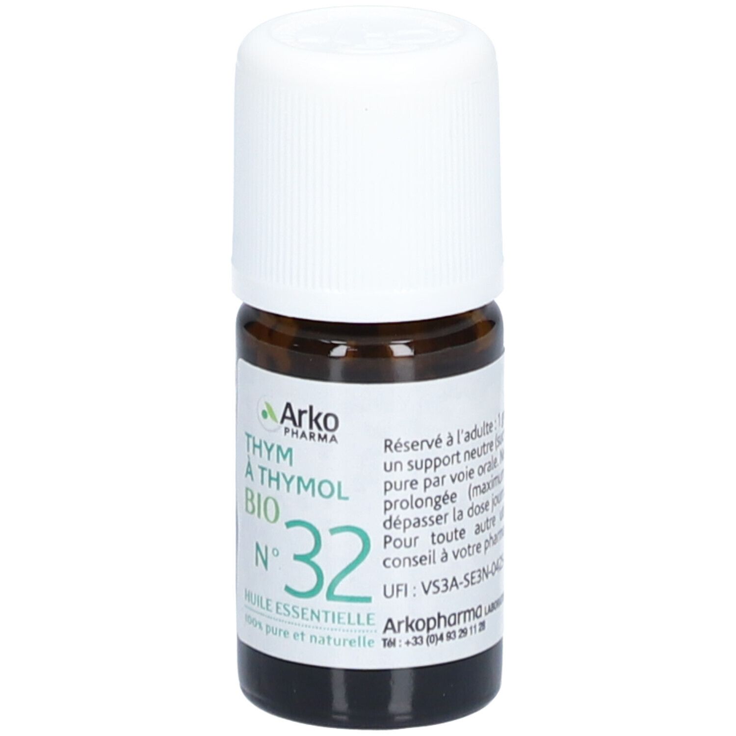 Flacon en verre brun avec bouchon blanc. Étiquette verte: Thym à Thymol Bio N°32. Marque: Arko Pharma.