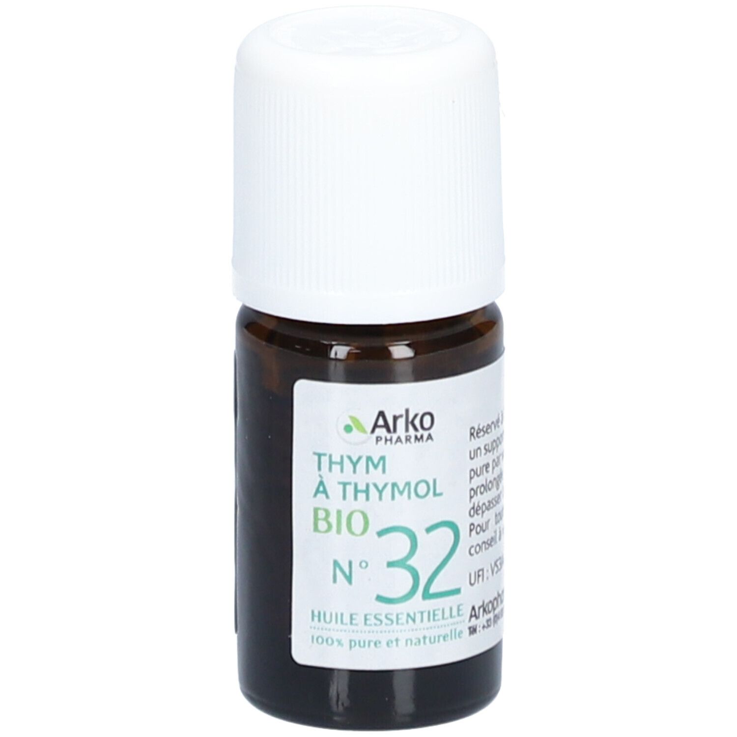 Flacon en verre brun avec bouchon blanc. Étiquette verte: Thym à Thymol Bio N°32. Marque: Arko Pharma.