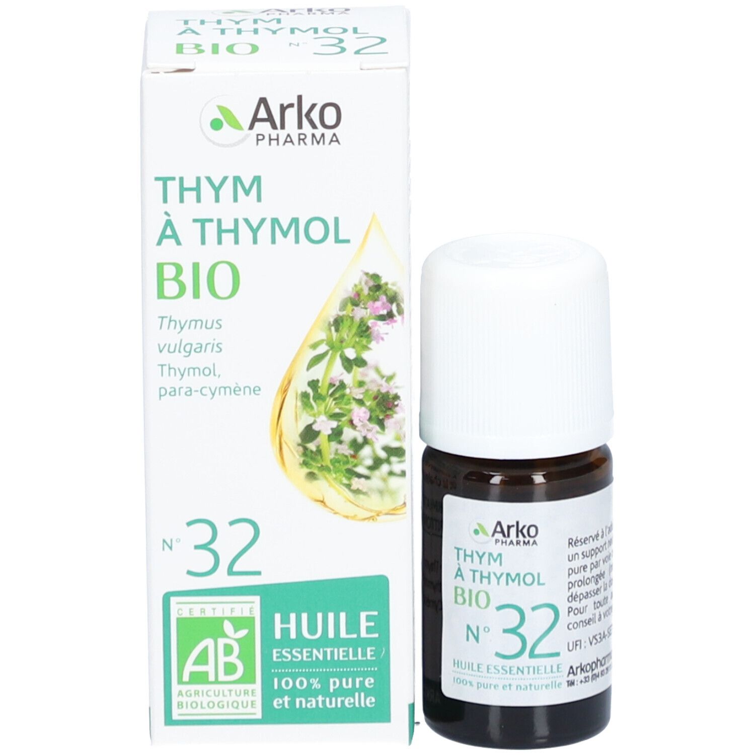 Emballage produit avec flacon. Boîte avec texte vert: Thym à Thymol Bio N°32. Marque: Arko Pharma. Certification AB.