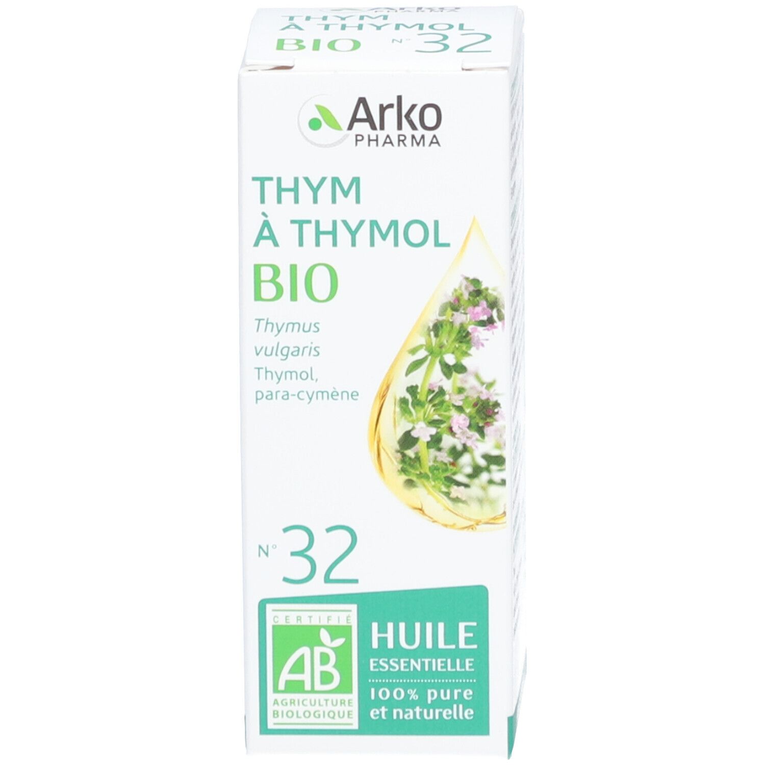 Emballage produit. Boîte avec texte vert: Thym à Thymol Bio N°32. Marque: Arko Pharma. Certification AB.