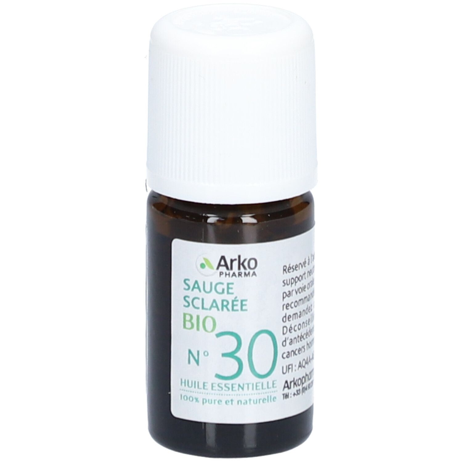 Braune Glasflasche mit weißem Deckel. Etikett mit Text: Sauge Sclarée Bio N°30. Arkopharma. 100% pure et naturelle.