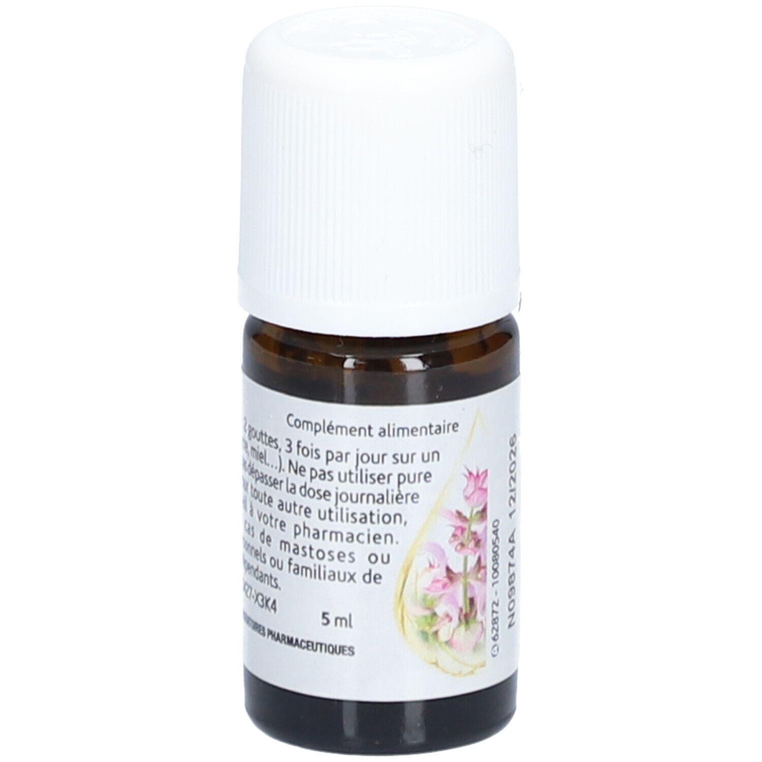 Braune Glasflasche mit weißem Deckel. Etikett mit Text und floralem Motiv. Aufgedruckt: 5 ml.