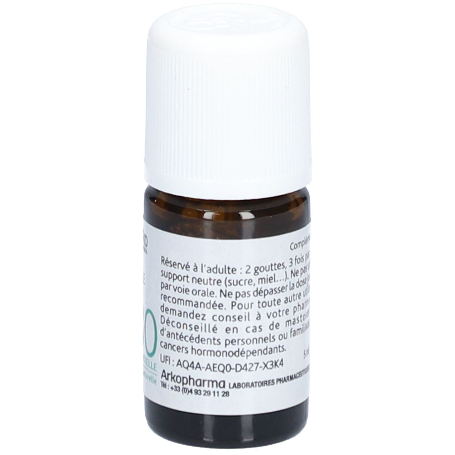 Braune Glasflasche mit weißem Deckel. Etikett mit Text. Aufgedruckt: Arkopharma. UFI-Code.