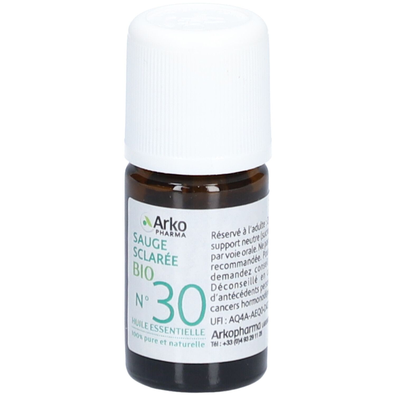 Braune Glasflasche mit weißem Deckel. Etikett mit Text: Sauge Sclarée Bio N°30. Arkopharma. 100% pure et naturelle.