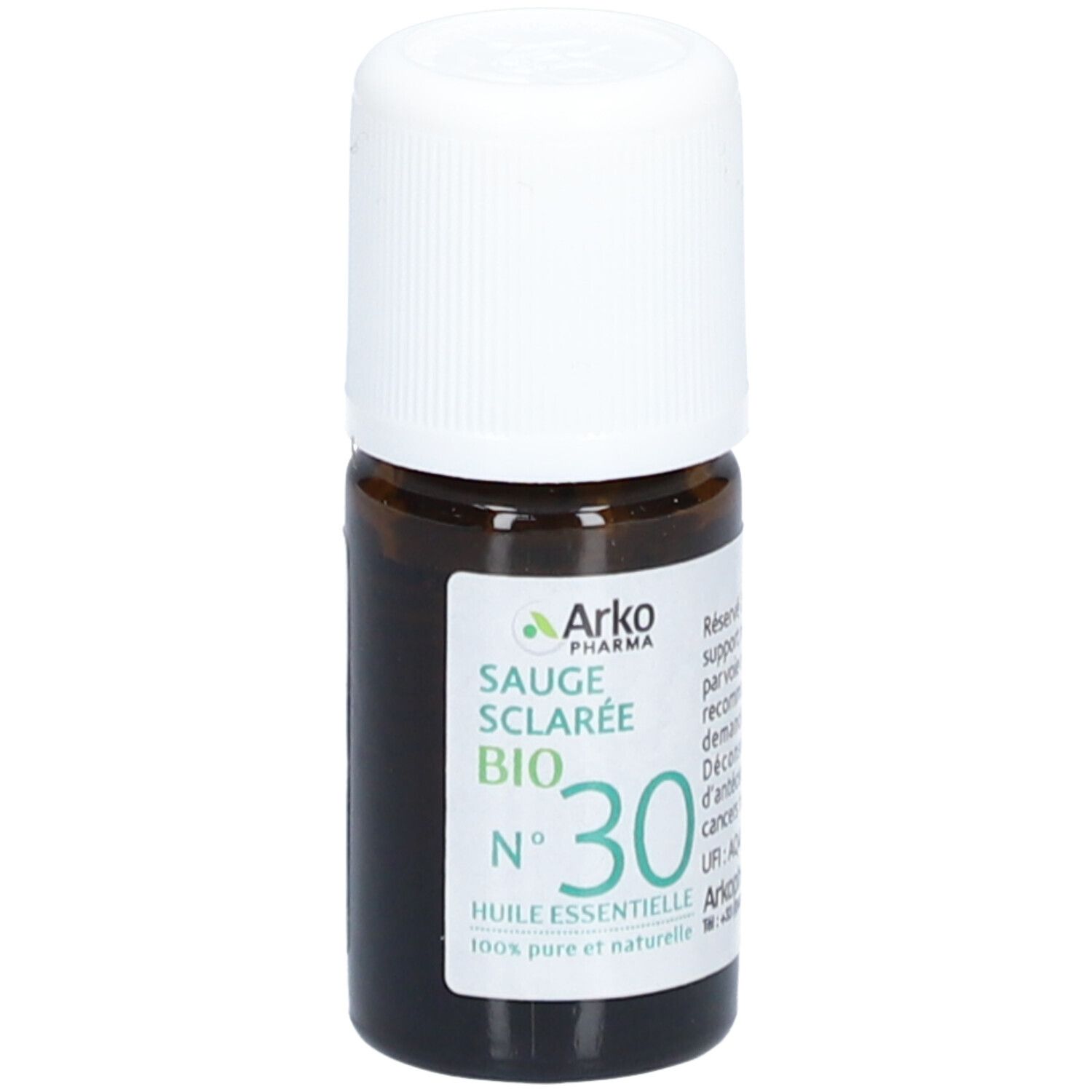 Braune Glasflasche mit weißem Deckel. Etikett mit Text: Sauge Sclarée Bio N°30. Arkopharma. 100% pure et naturelle.