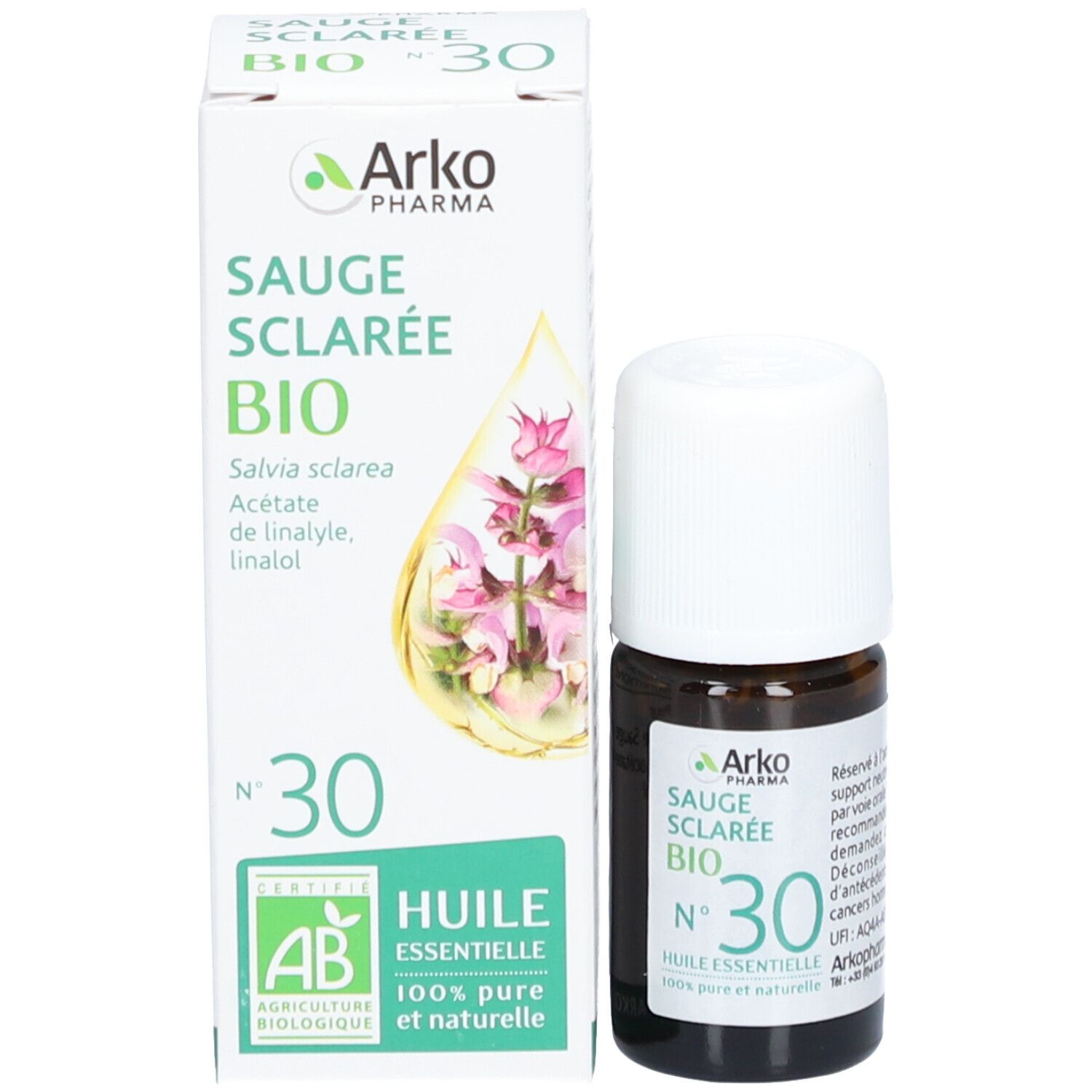 Produkt und Verpackung. Braune Glasflasche mit weißem Deckel neben einer weißen Schachtel. Auf der Schachtel: Sauge Sclarée Bio.