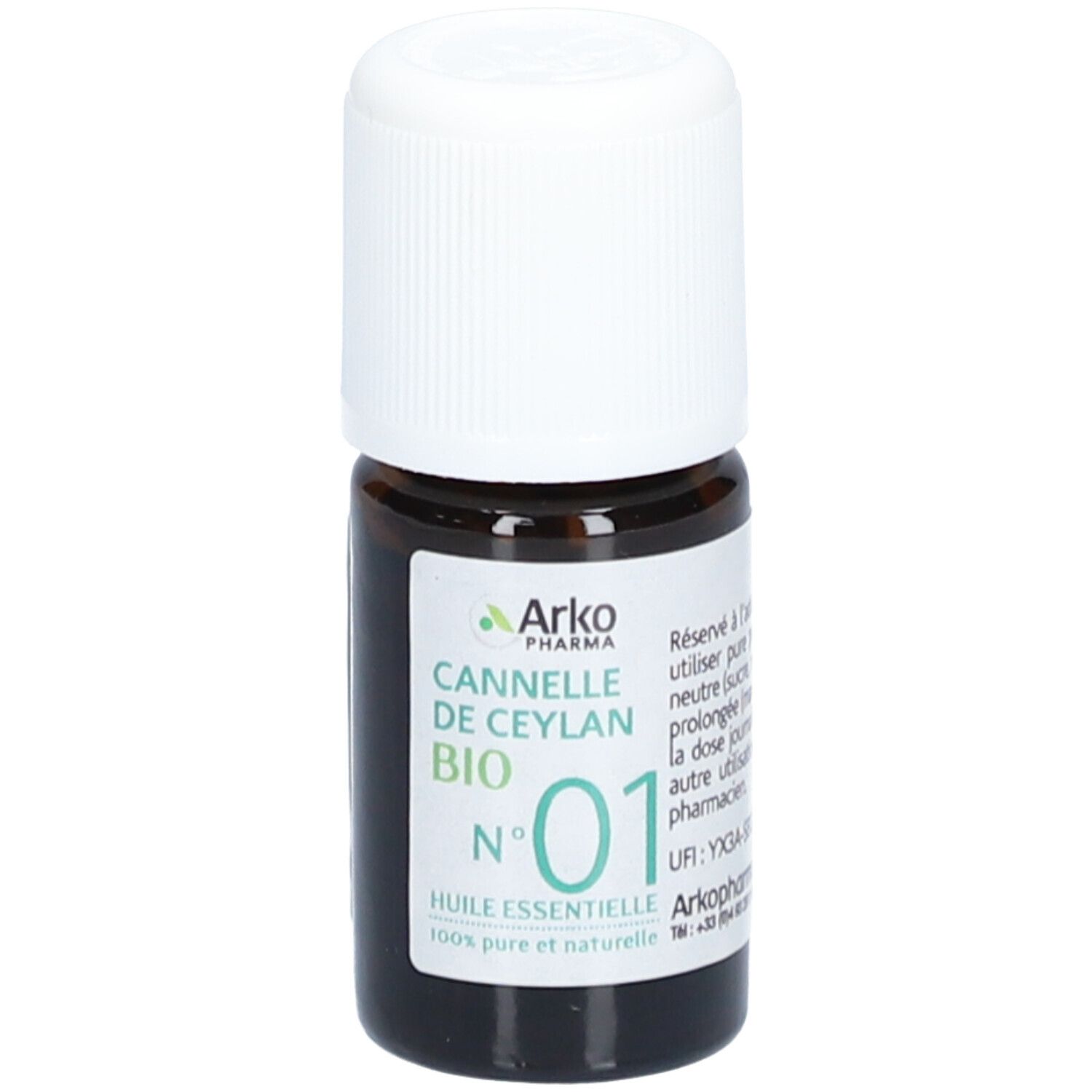 Braune Glasflasche mit weißem Deckel. Etikett mit Produktinformationen. Marke Arkopharma, Cannelle de Ceylan Bio, Nr. 01.