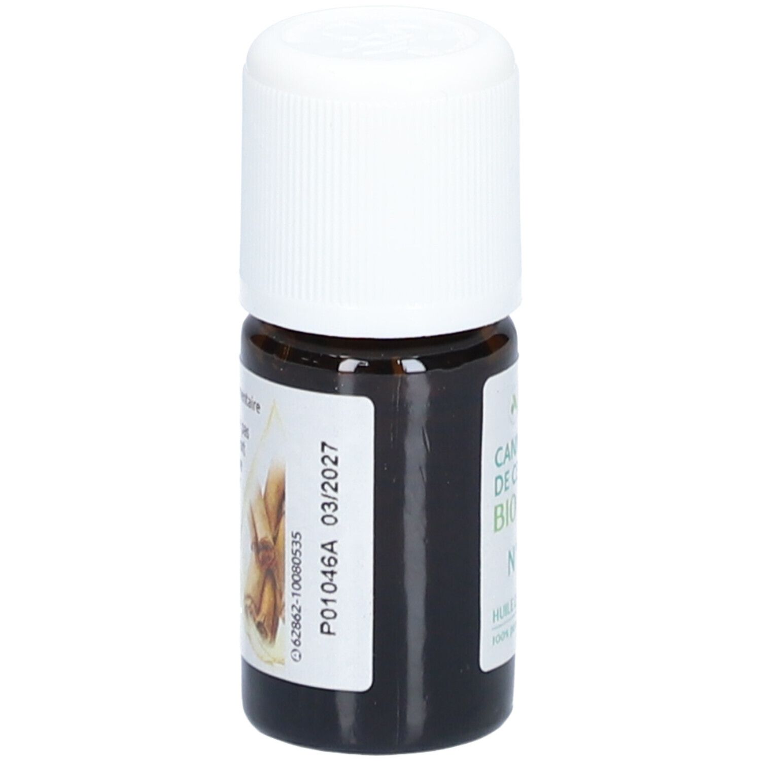 Braune Glasflasche mit weißem Deckel. Etikett mit Produktinformationen, Zimtstangen-Illustration. Haltbarkeit 03/2027.