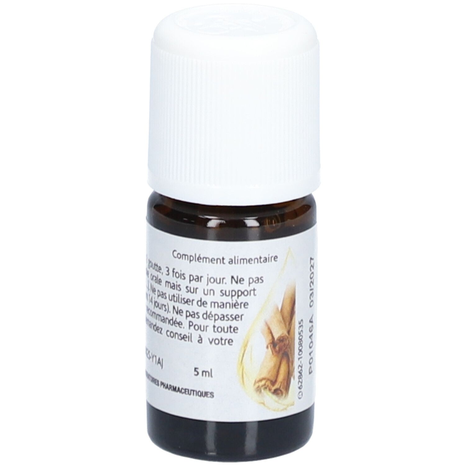 Braune Glasflasche mit weißem Deckel. Etikett mit Produktinformationen, Zimtstangen-Illustration. 5 ml.