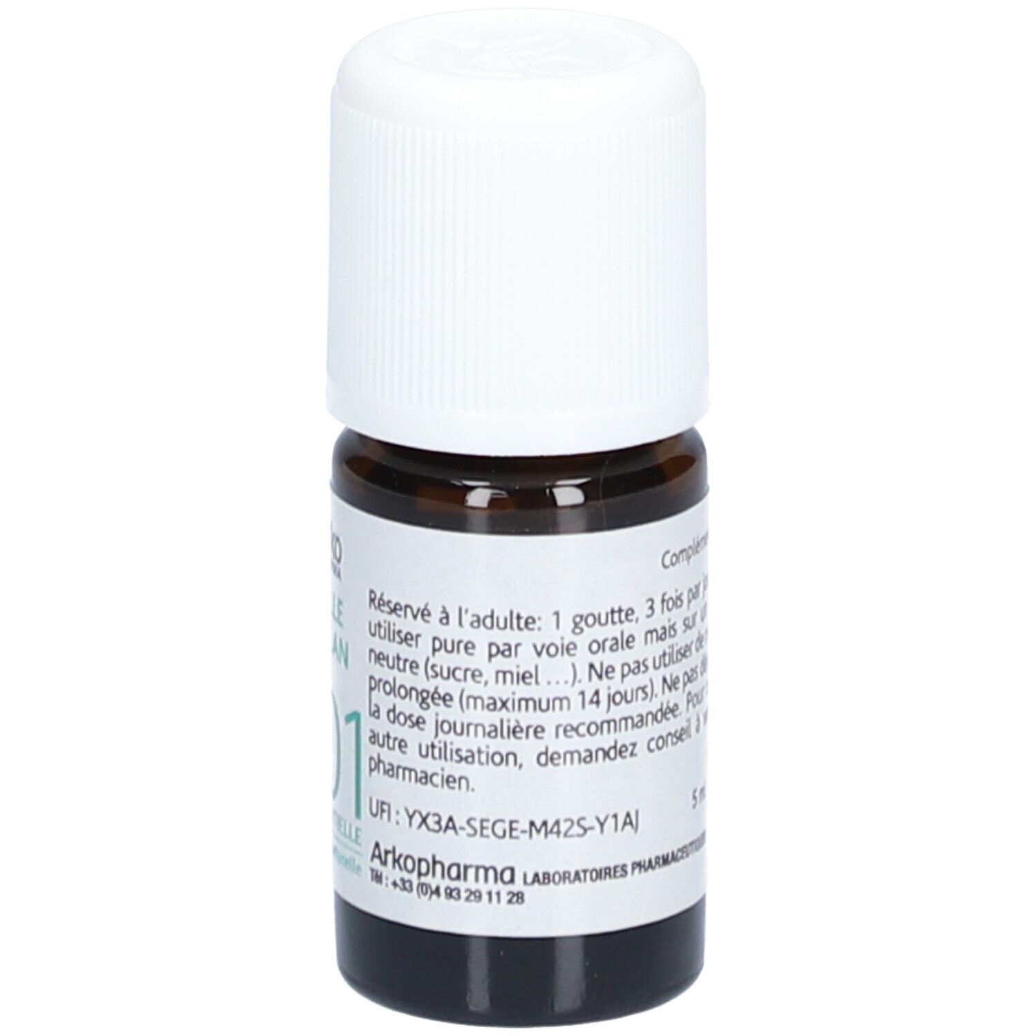 Braune Glasflasche mit weißem Deckel. Etikett mit Produktinformationen. 5 ml.