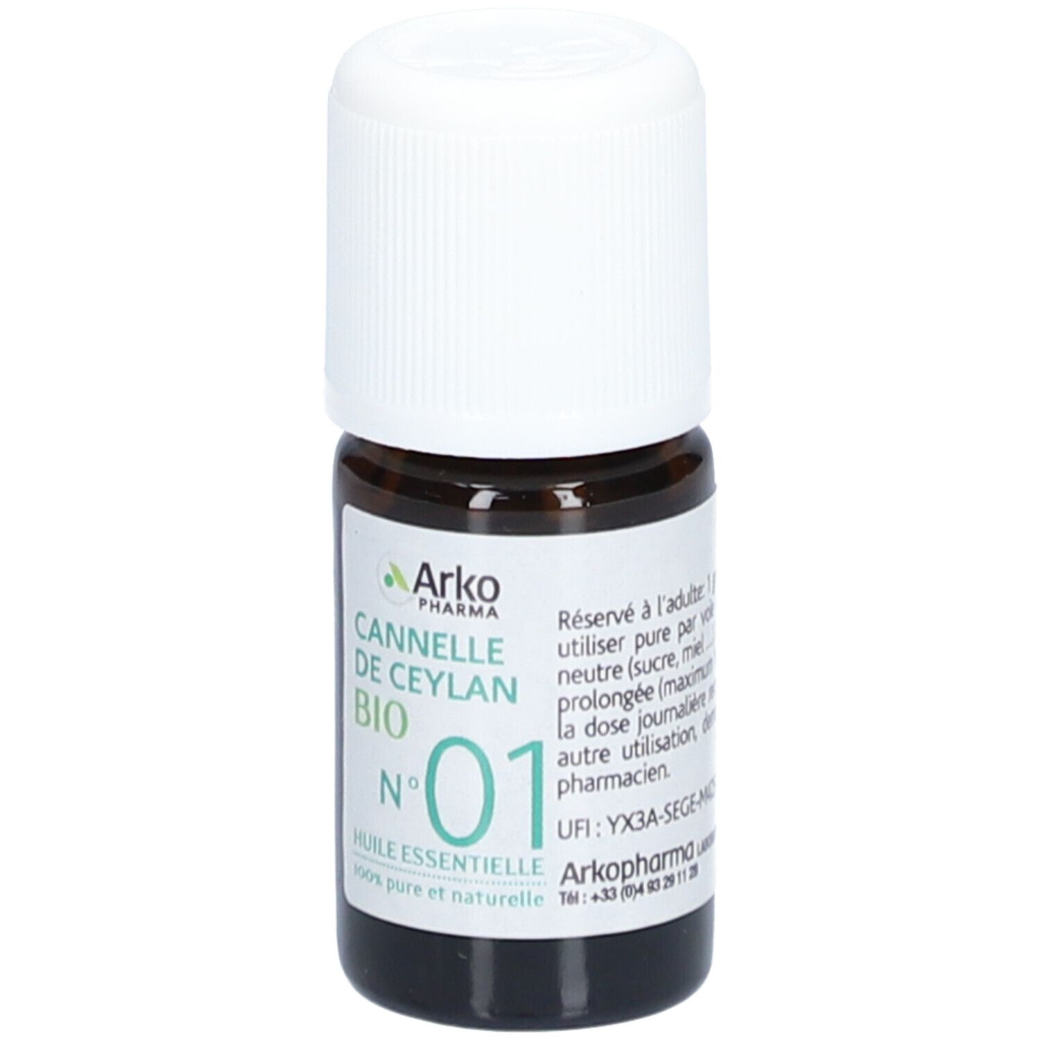 Braune Glasflasche mit weißem Deckel. Etikett mit Produktinformationen. Marke Arkopharma, Cannelle de Ceylan Bio, Nr. 01.