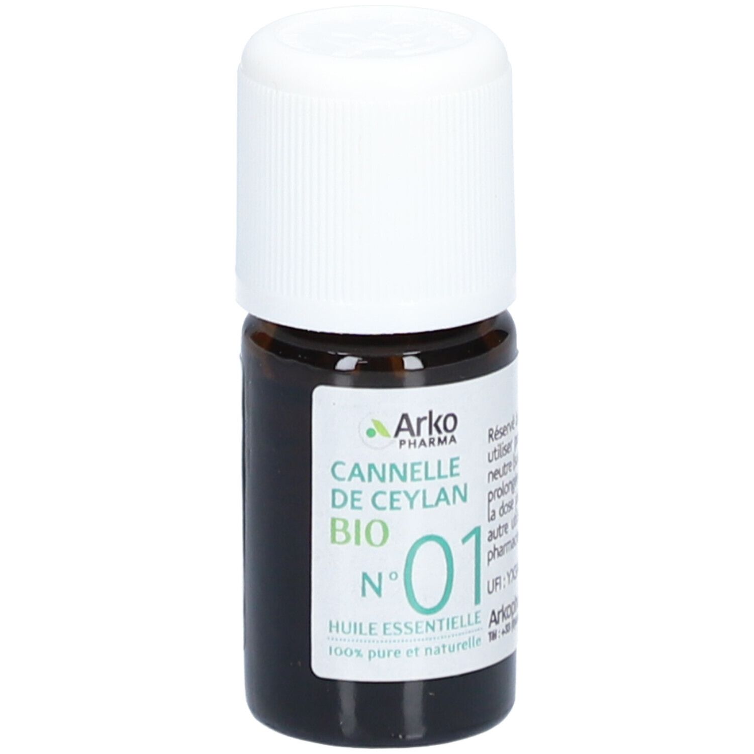 Braune Glasflasche mit weißem Deckel. Etikett mit Produktinformationen. Marke Arkopharma, Cannelle de Ceylan Bio, Nr. 01.