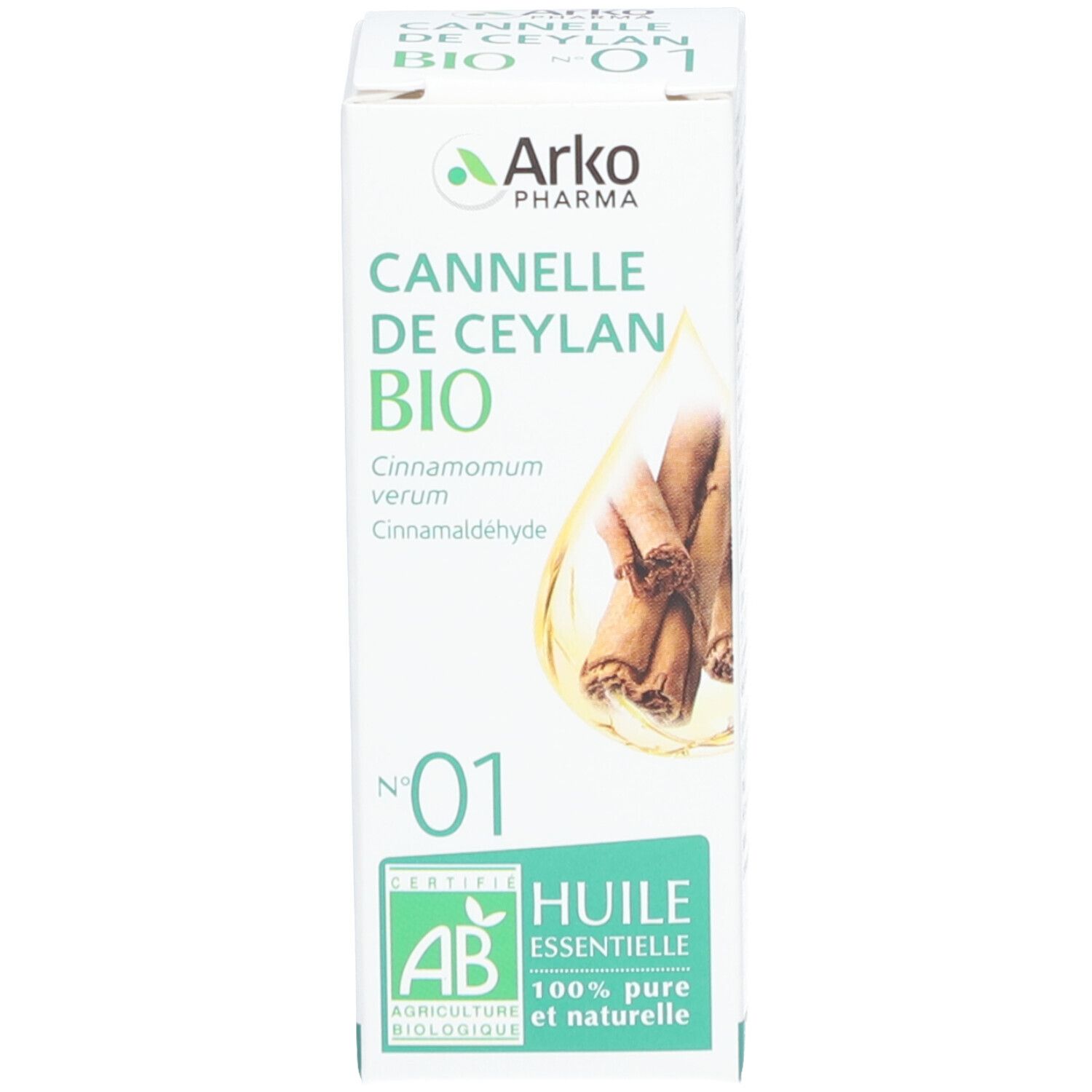 Produktverpackung. Weiß, grün. Zimtstangen-Illustration. AB-Zertifizierung. Produktname: Cannelle de Ceylan Bio.