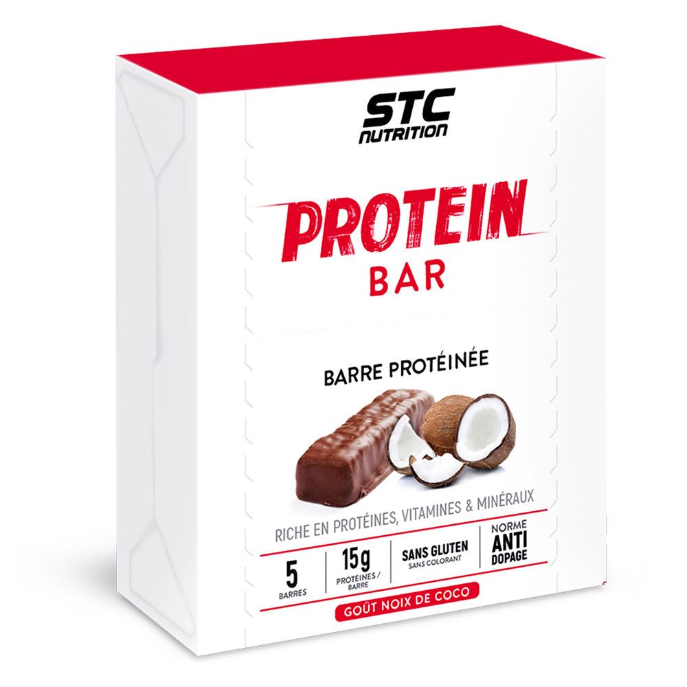 Weiße Verpackung mit rotem Deckel. Aufdruck: STC Nutrition, Protein Bar, Kokosnuss-Geschmack. Abbildung: Proteinriegel und Kokosnuss.
