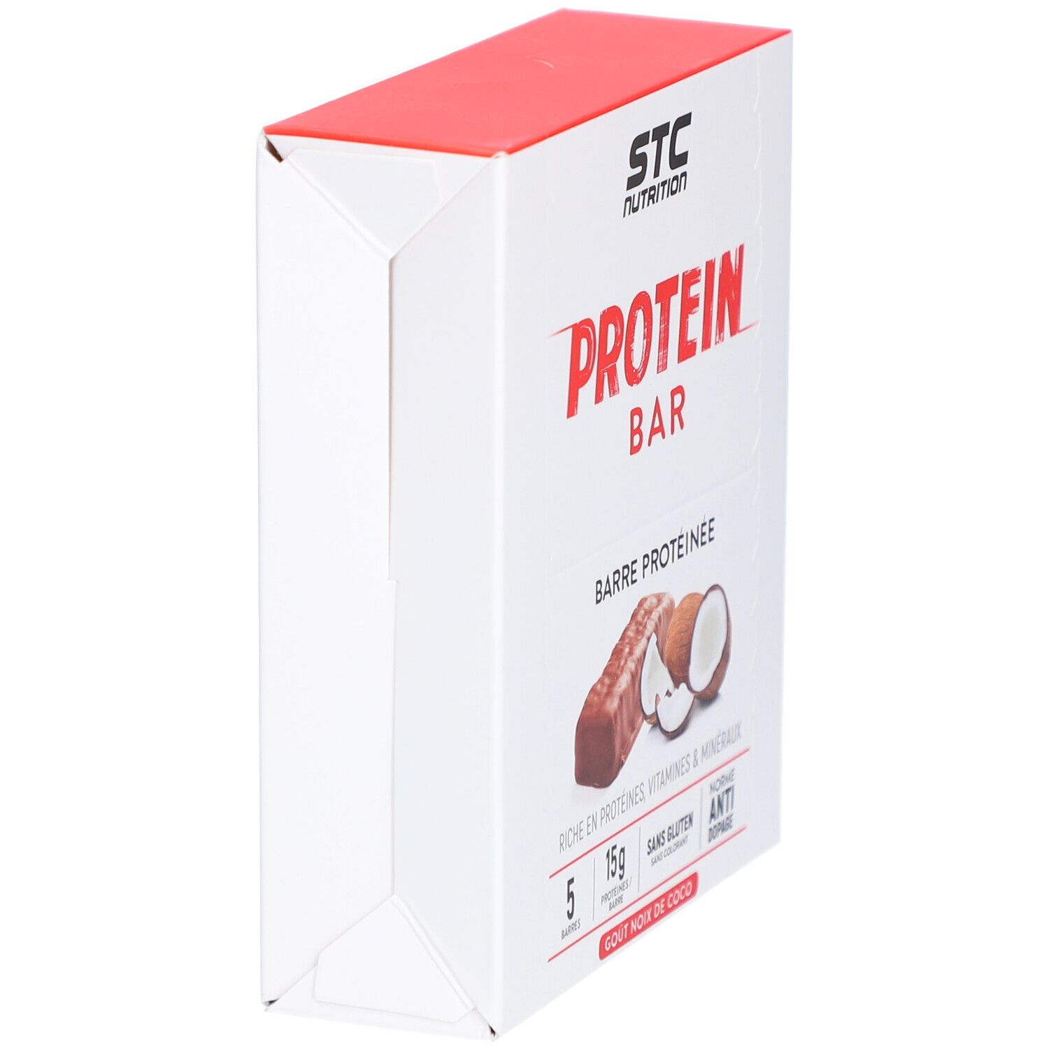 Weiße Verpackung mit rotem Deckel. Aufdruck: STC Nutrition, Protein Bar, Kokosnuss-Geschmack. Abbildung: Proteinriegel und Kokosnuss.