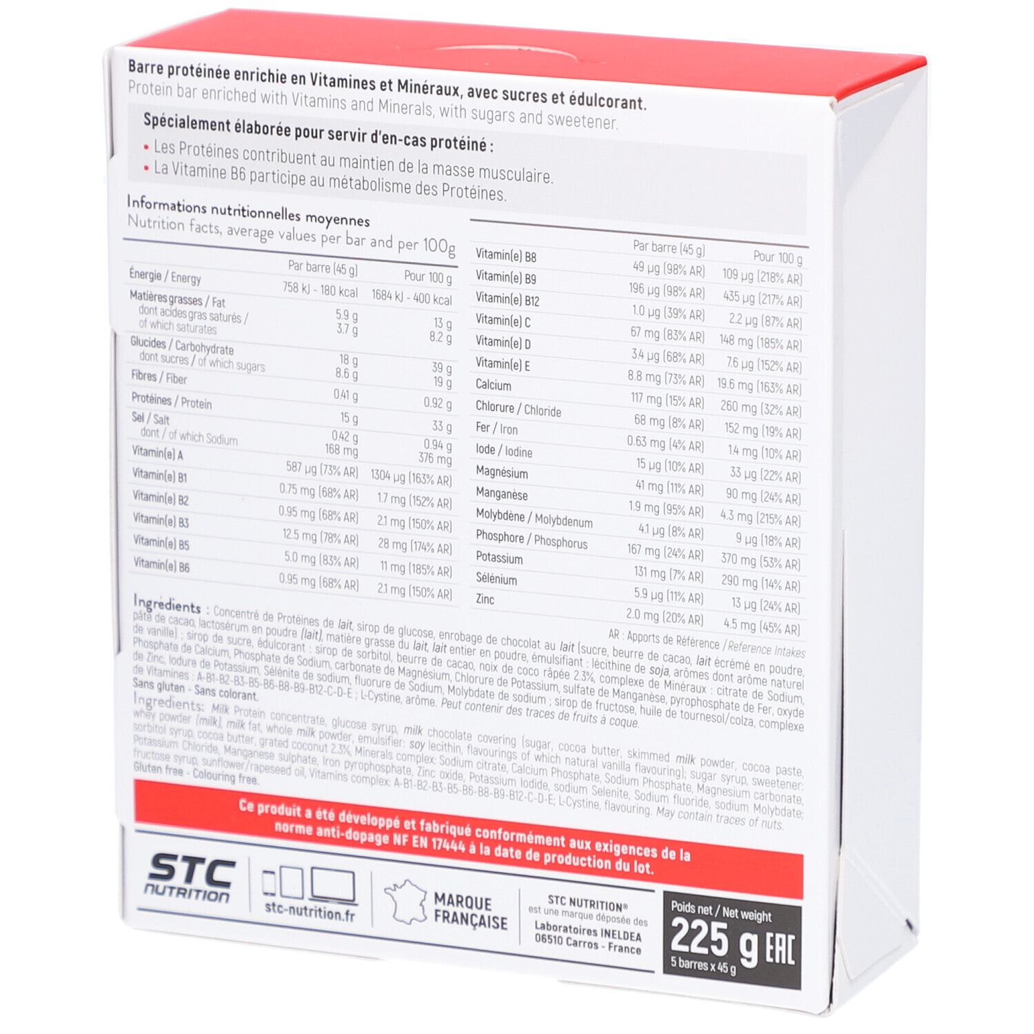 Rückseite der Verpackung. Enthält Nährwertangaben, Zutatenliste und Informationen zur Marke. Roter Deckel.