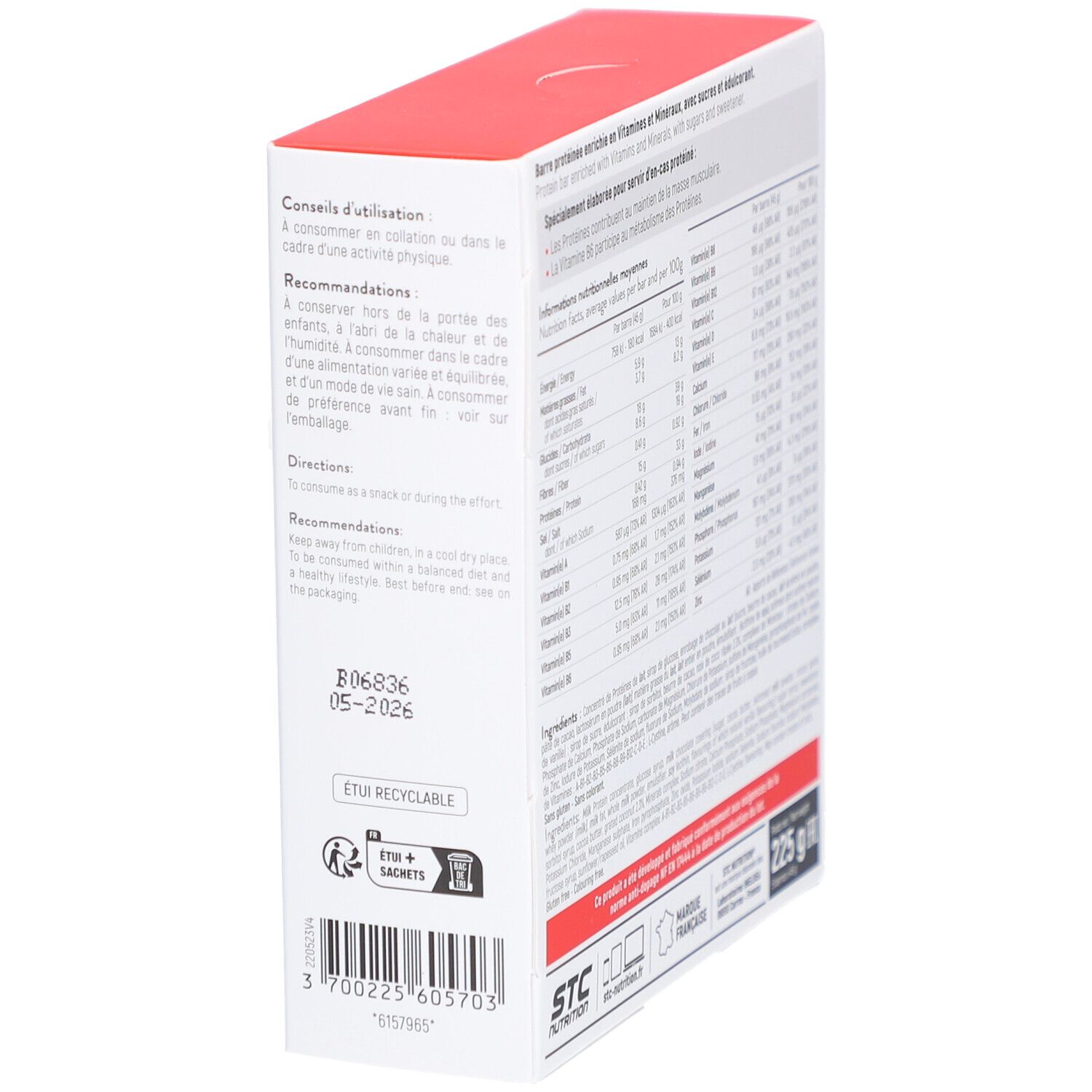 Seite der Verpackung mit Informationen zur Verwendung, Empfehlungen und Inhaltsstoffen. Roter Deckel.