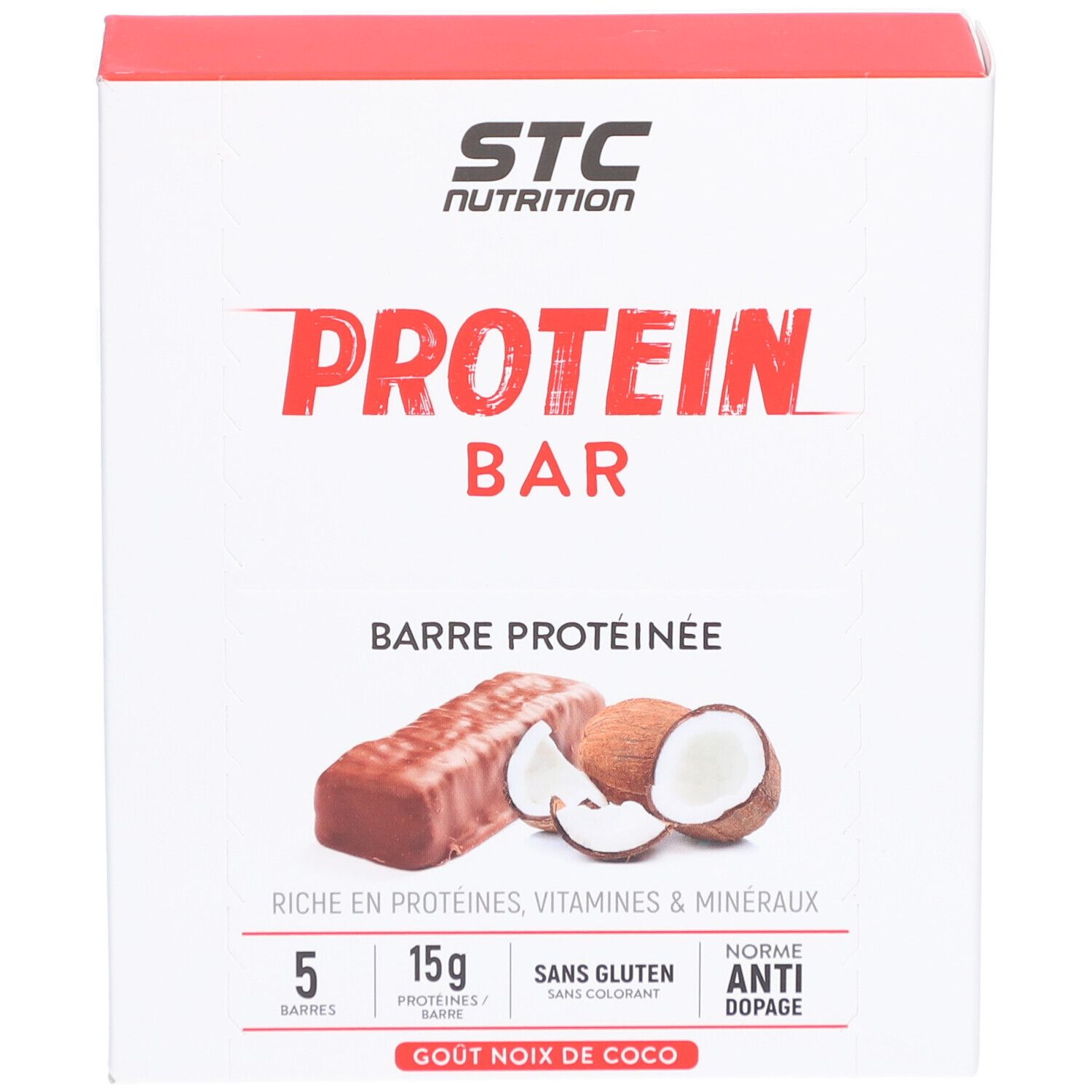 Weiße Verpackung mit rotem Deckel. Aufdruck: STC Nutrition, Protein Bar, Kokosnuss-Geschmack. Abbildung: Proteinriegel und Kokosnuss.